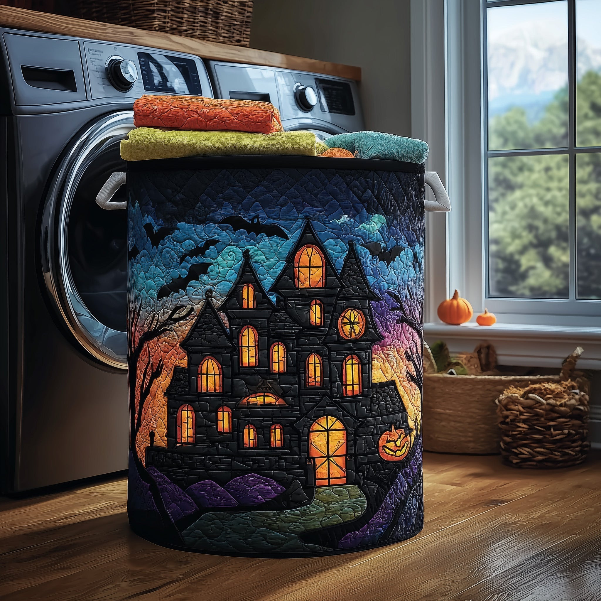 Haunted Manor Quilted Laundry Basket Halloween Home Decor Unique Gifts For Sisters