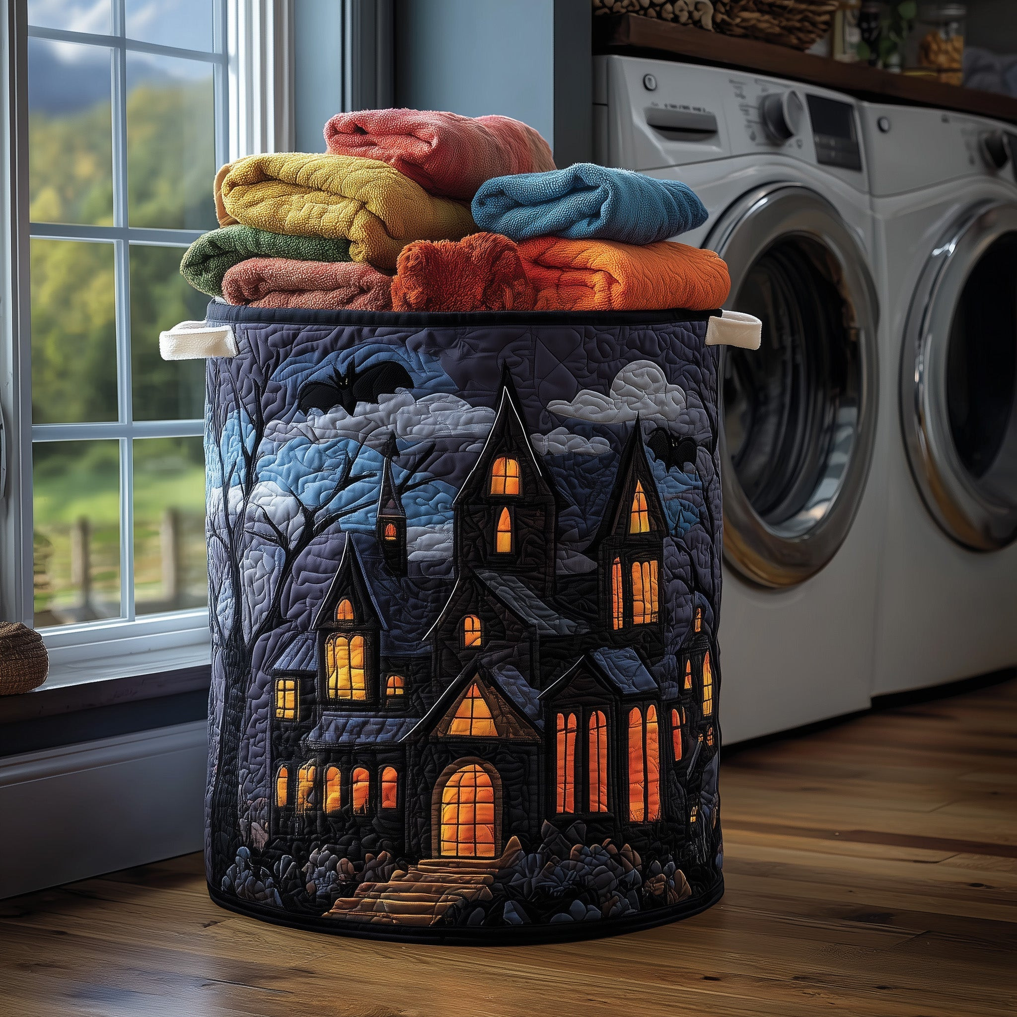 Haunted Manor Quilted Laundry Basket Halloween Themed Holiday Home Decor Gift Ideas