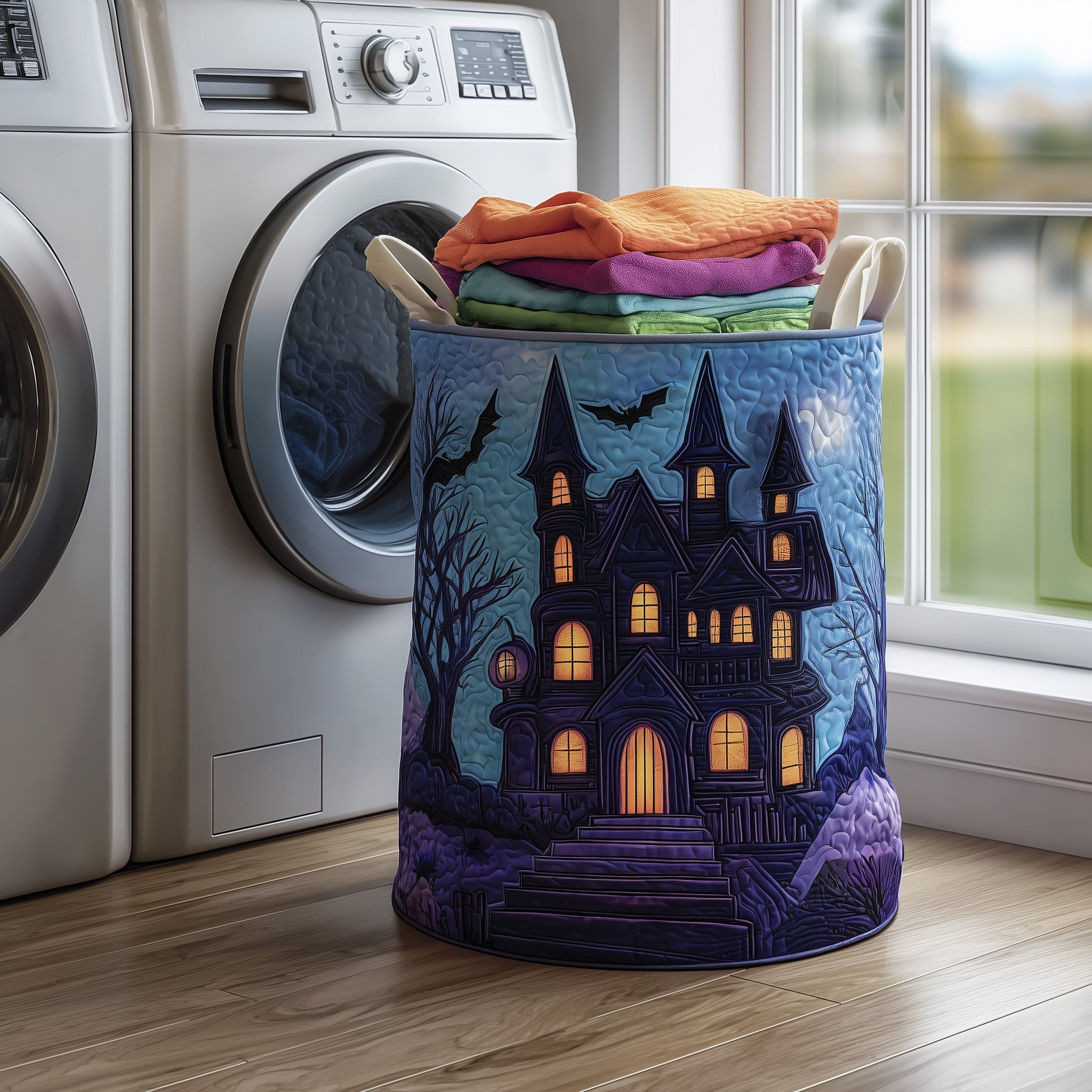 Haunted Manor Quilted Laundry Basket Halloween Themed Laundry Room Decorations