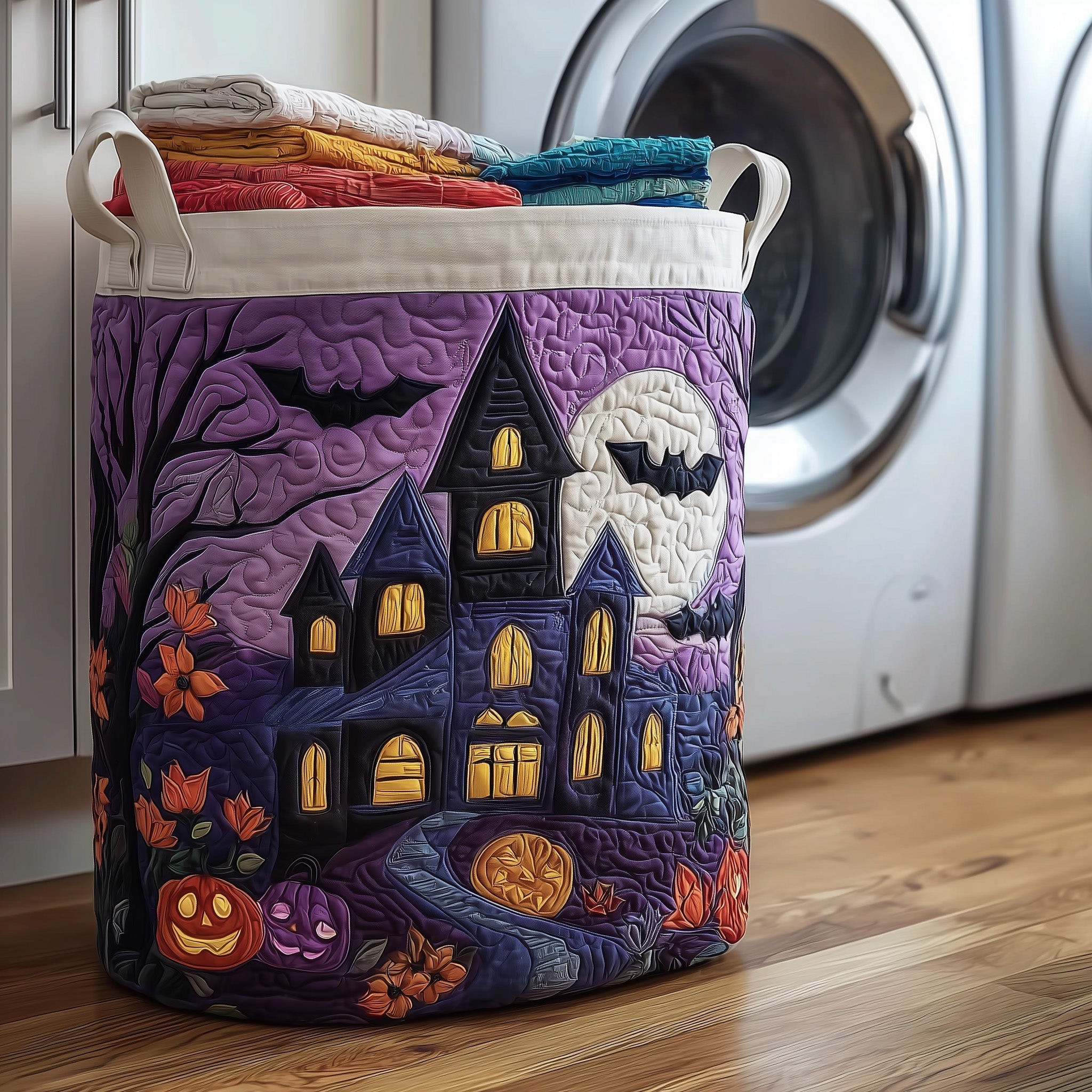 Haunted Manor Quilted Laundry Basket Holiday Home Decor Halloween Gift For Friend