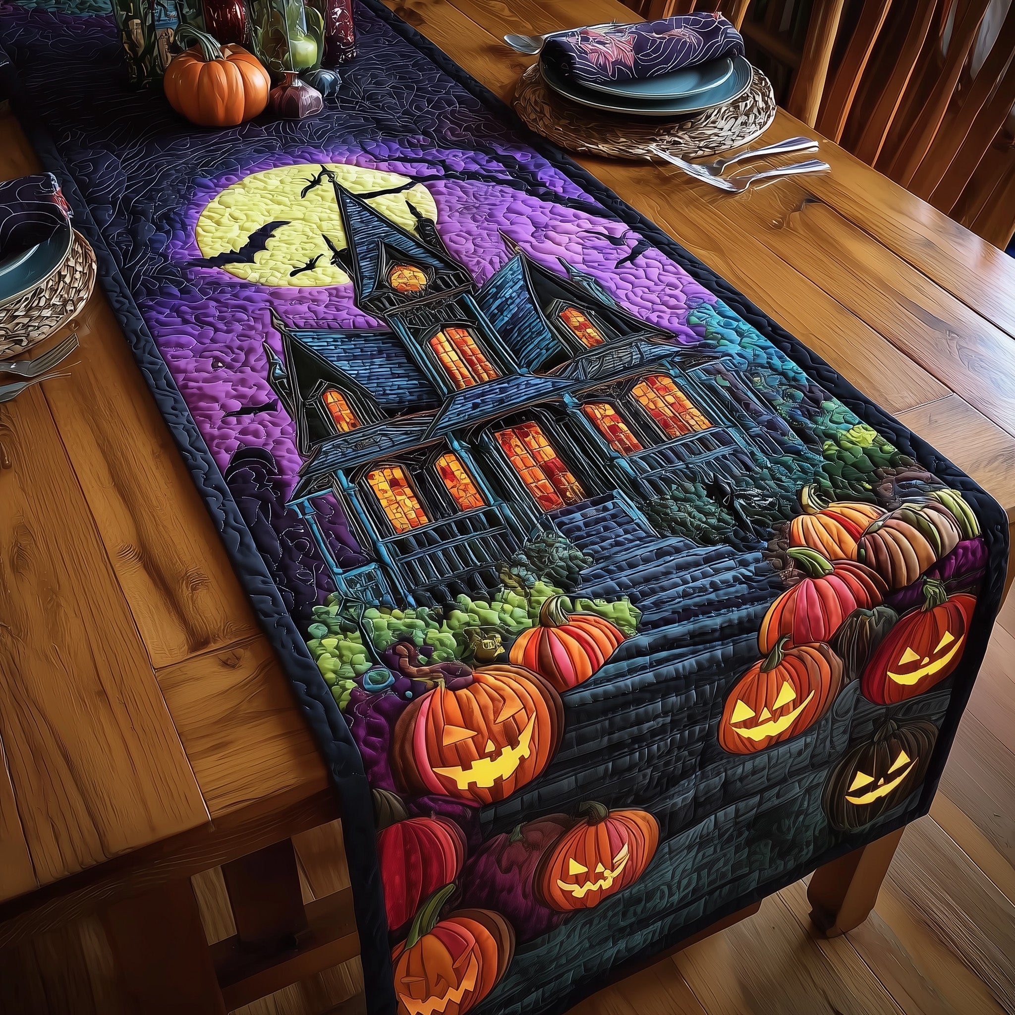 Haunted Manor Quilted Table Runner Christmas Table Runner for Dining Room