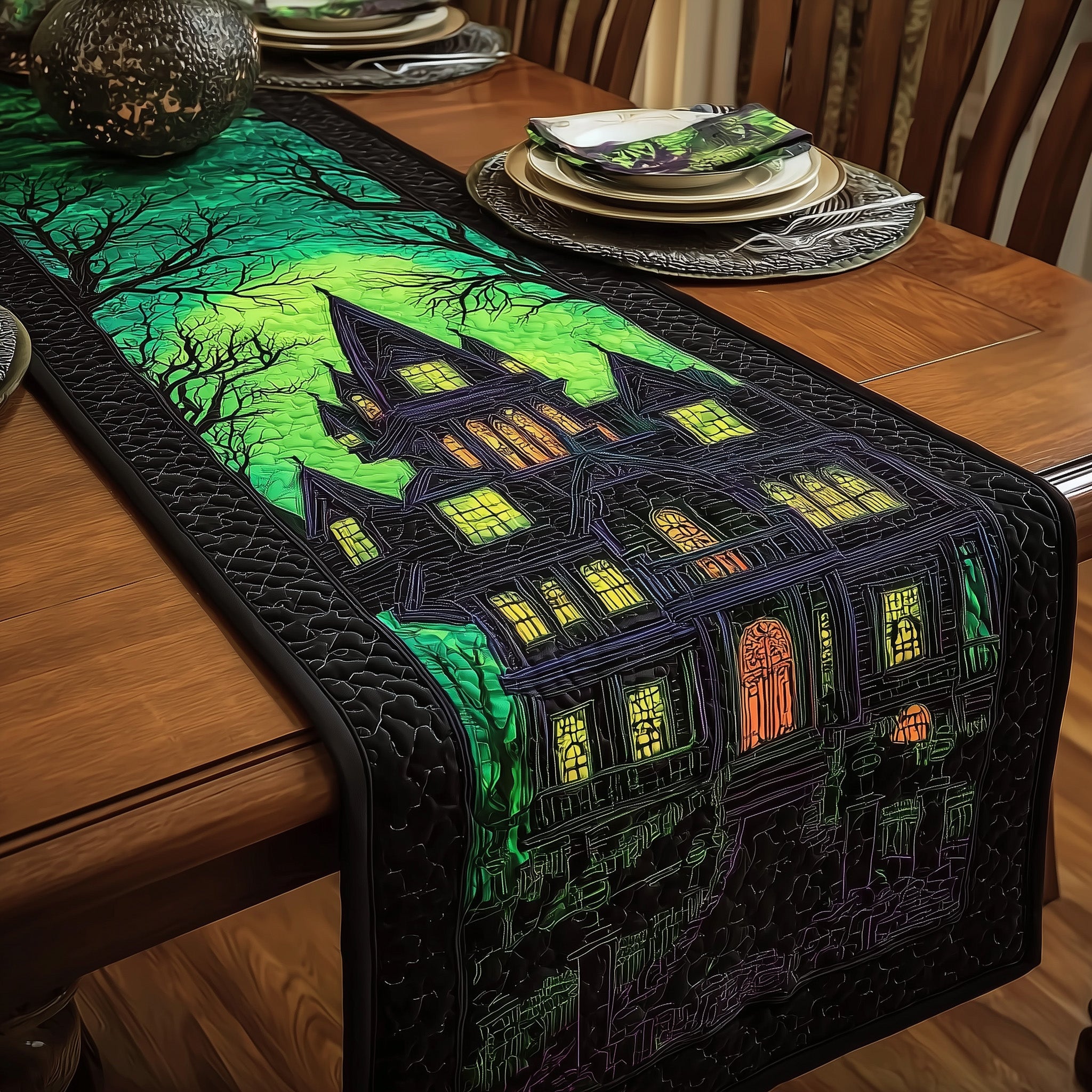 Haunted Manor Quilted Table Runner Christmas Theme Table Runner