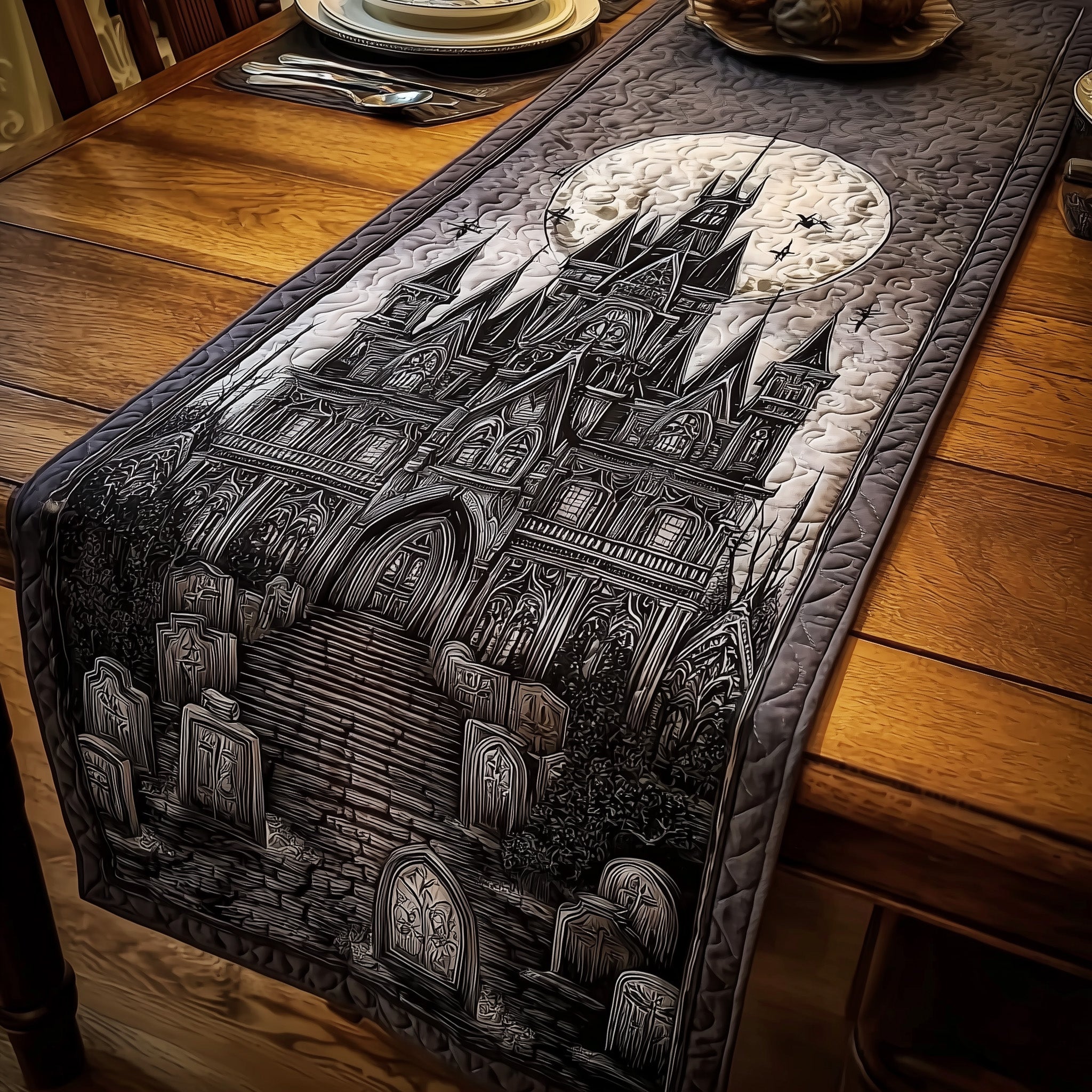 Haunted Manor Quilted Table Runner Cozy Winter Table Runner for Home