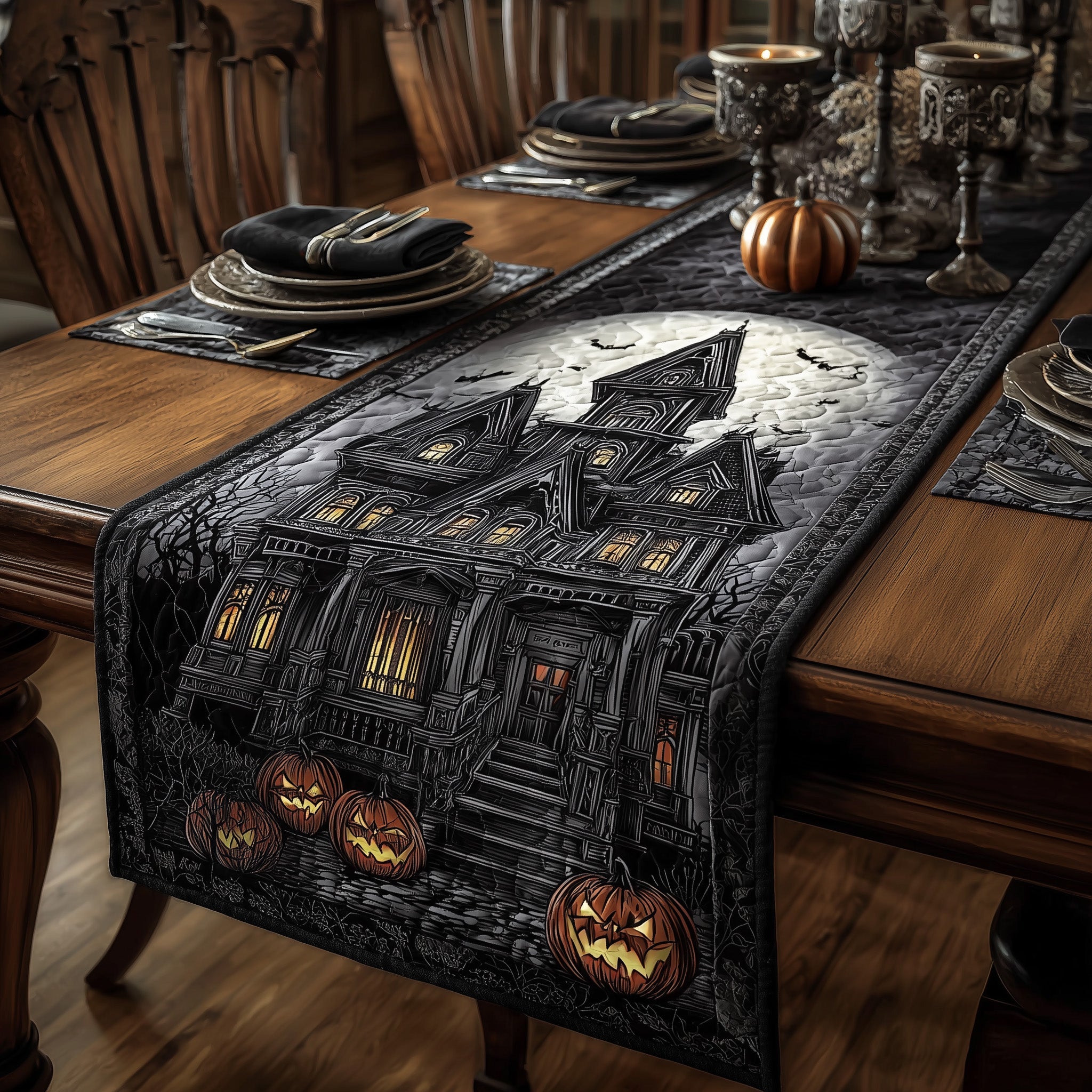 Haunted Manor Quilted Table Runner Festive Holiday Table Runner Decor