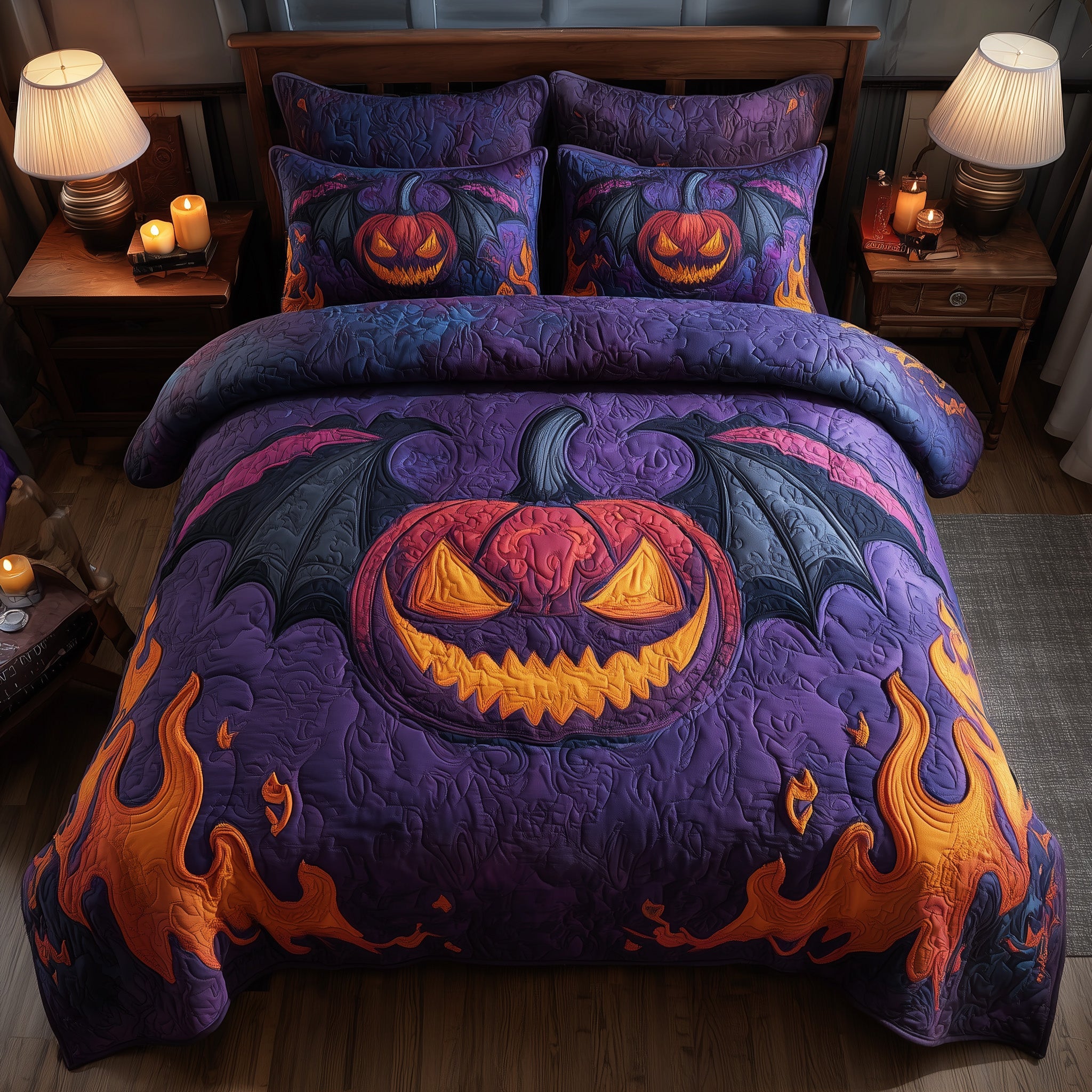 Haunted Pumpkin Bat Quilted Bedding Set Birthday Gift