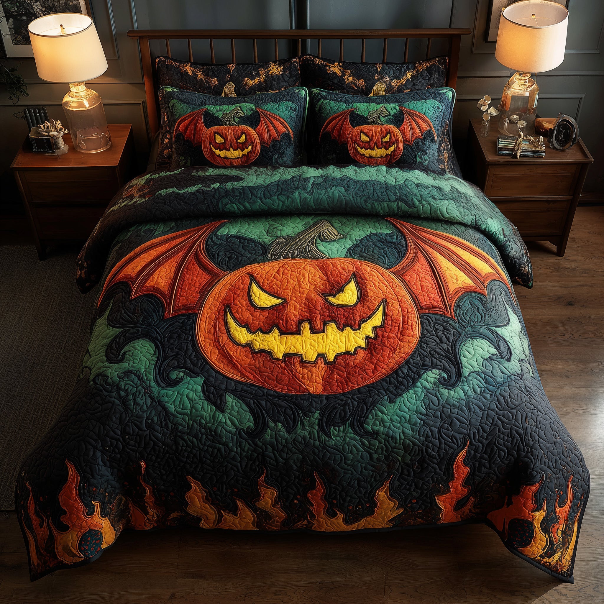 Haunted Pumpkin Bat Quilted Bedding Set Cozy Bedroom
