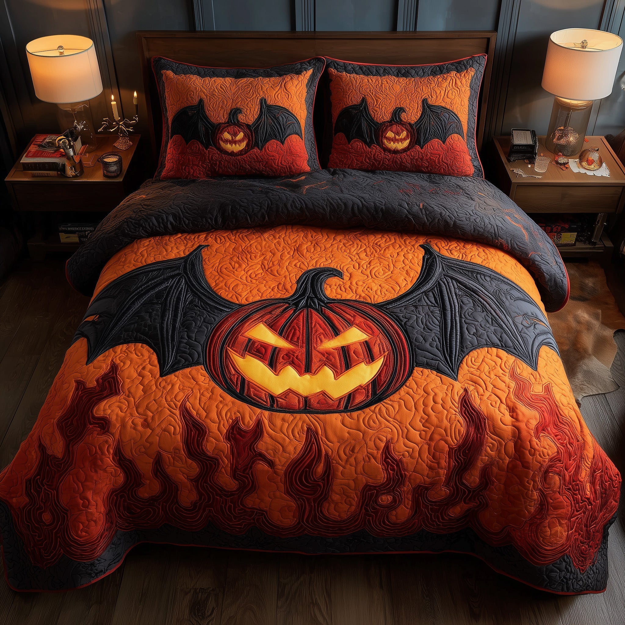 Haunted Pumpkin Bat Quilted Bedding Set Create a Cozy Space