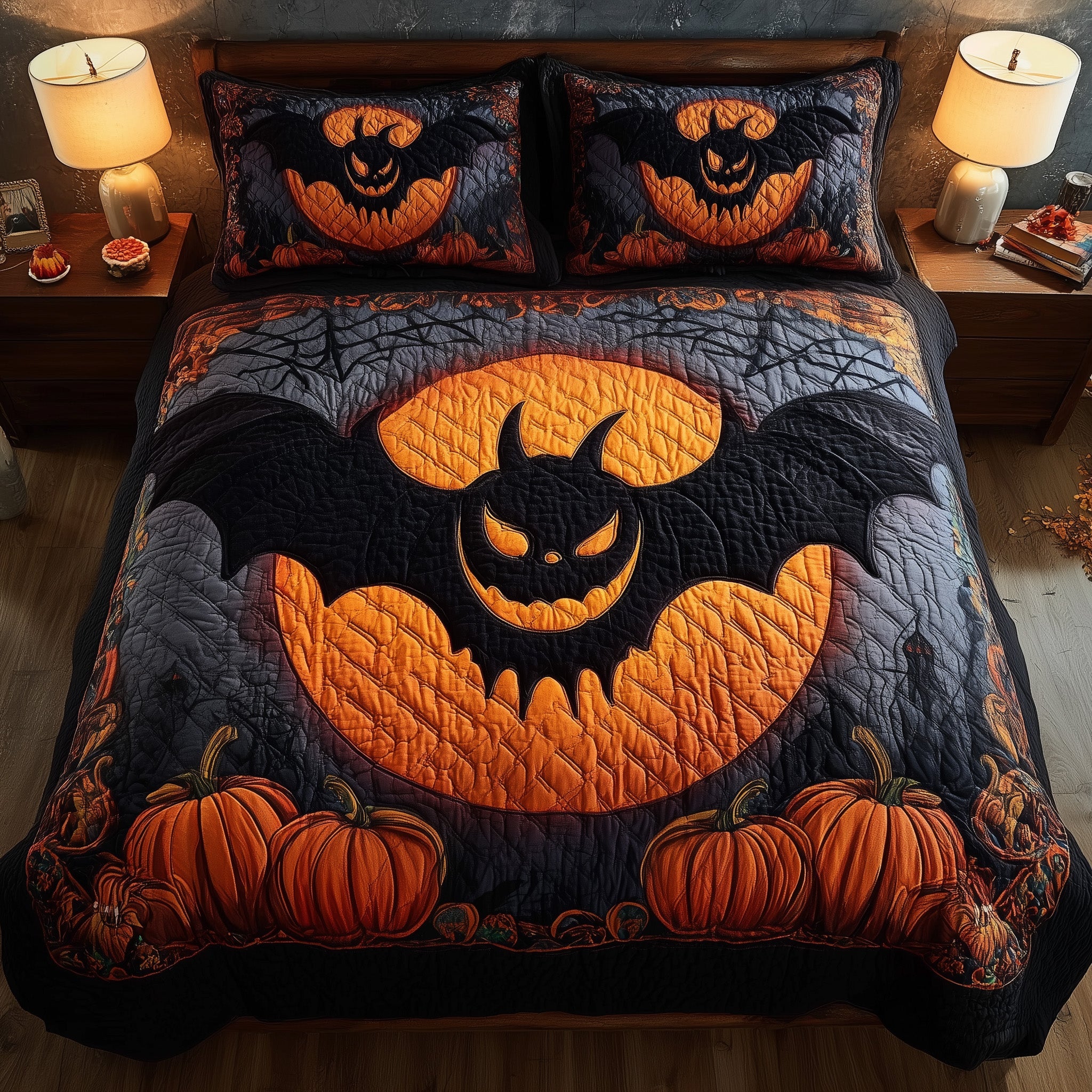 Haunted Pumpkin Bat Quilted Bedding Set Elegant Bedding