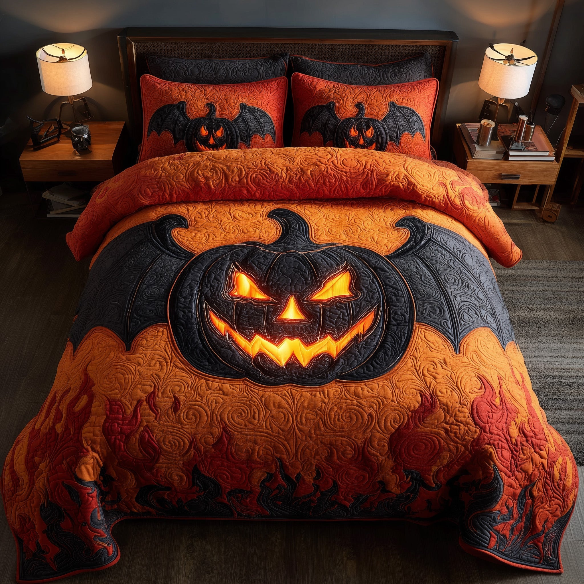 Haunted Pumpkin Bat Quilted Bedding Set For Couples
