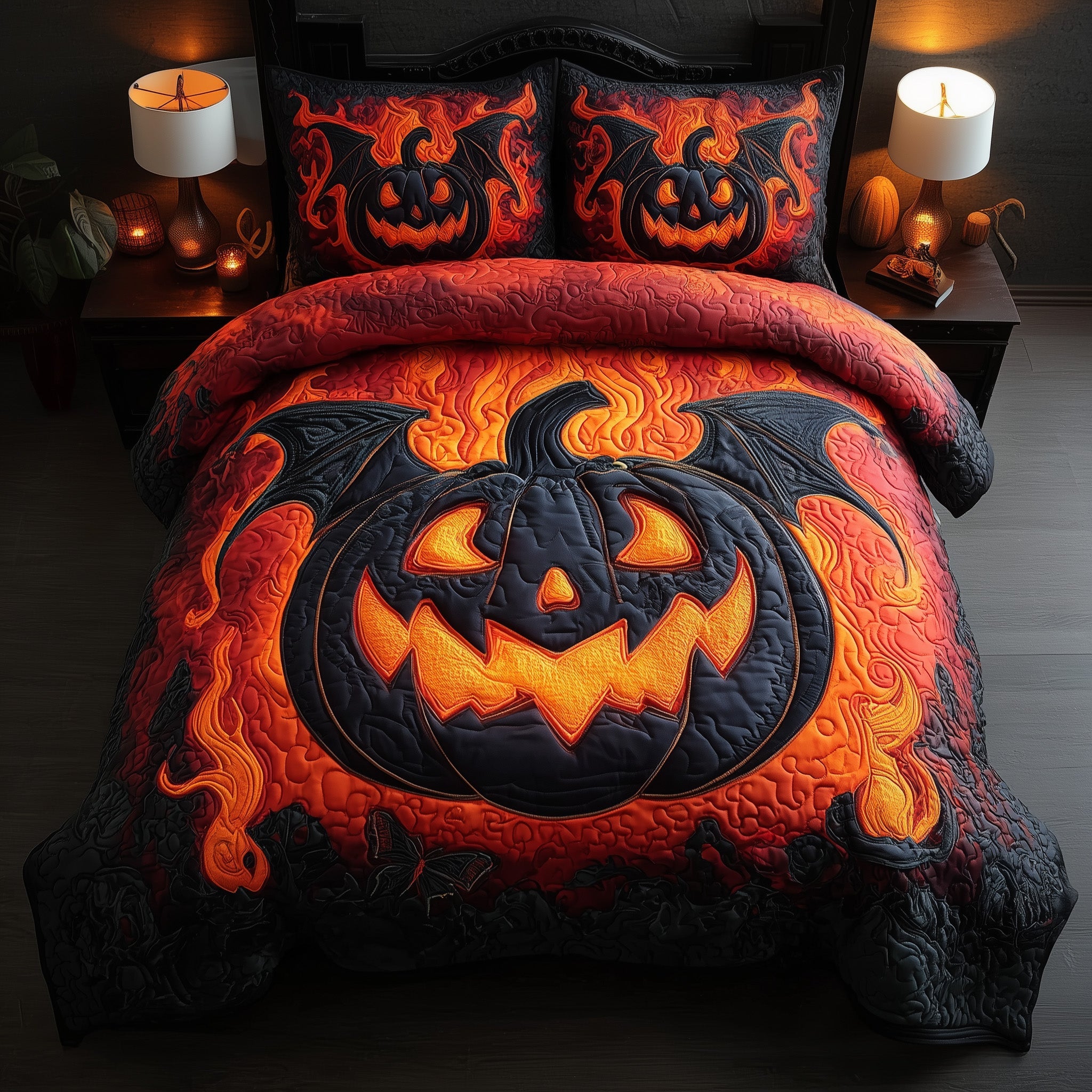 Haunted Pumpkin Bat Quilted Bedding Set For Men