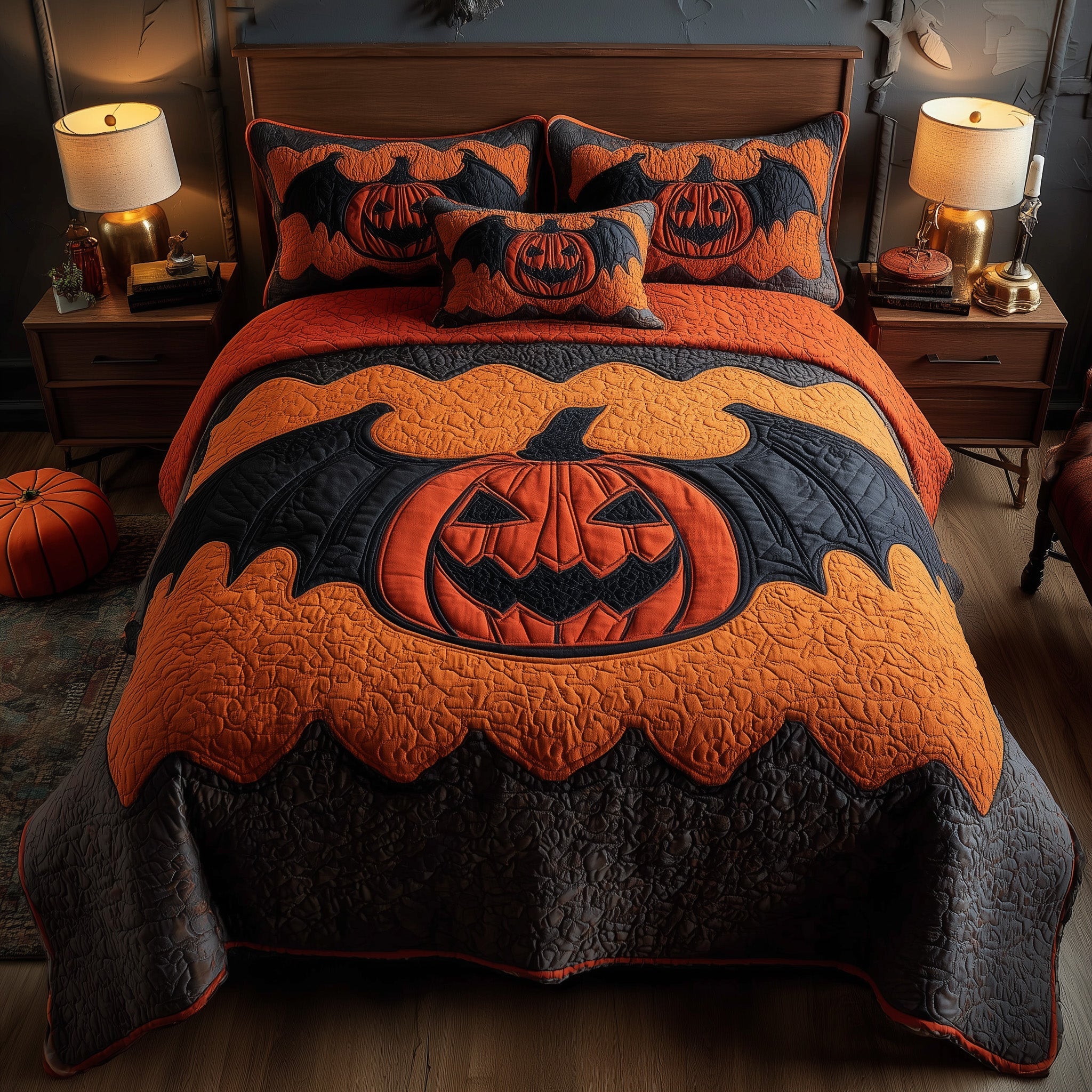 Haunted Pumpkin Bat Quilted Bedding Set Geometrical Pattern