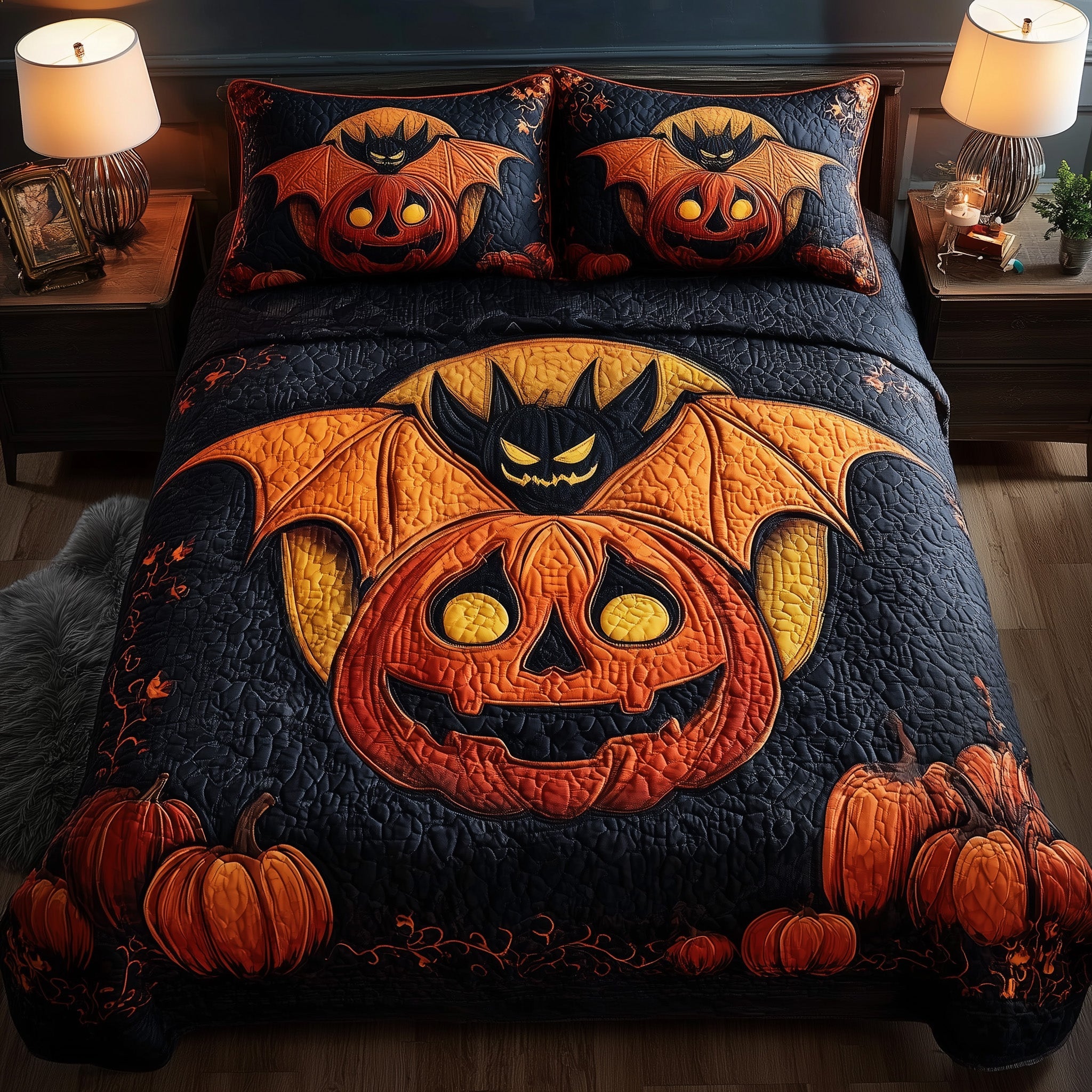 Haunted Pumpkin Bat Quilted Bedding Set Relaxing Sleep