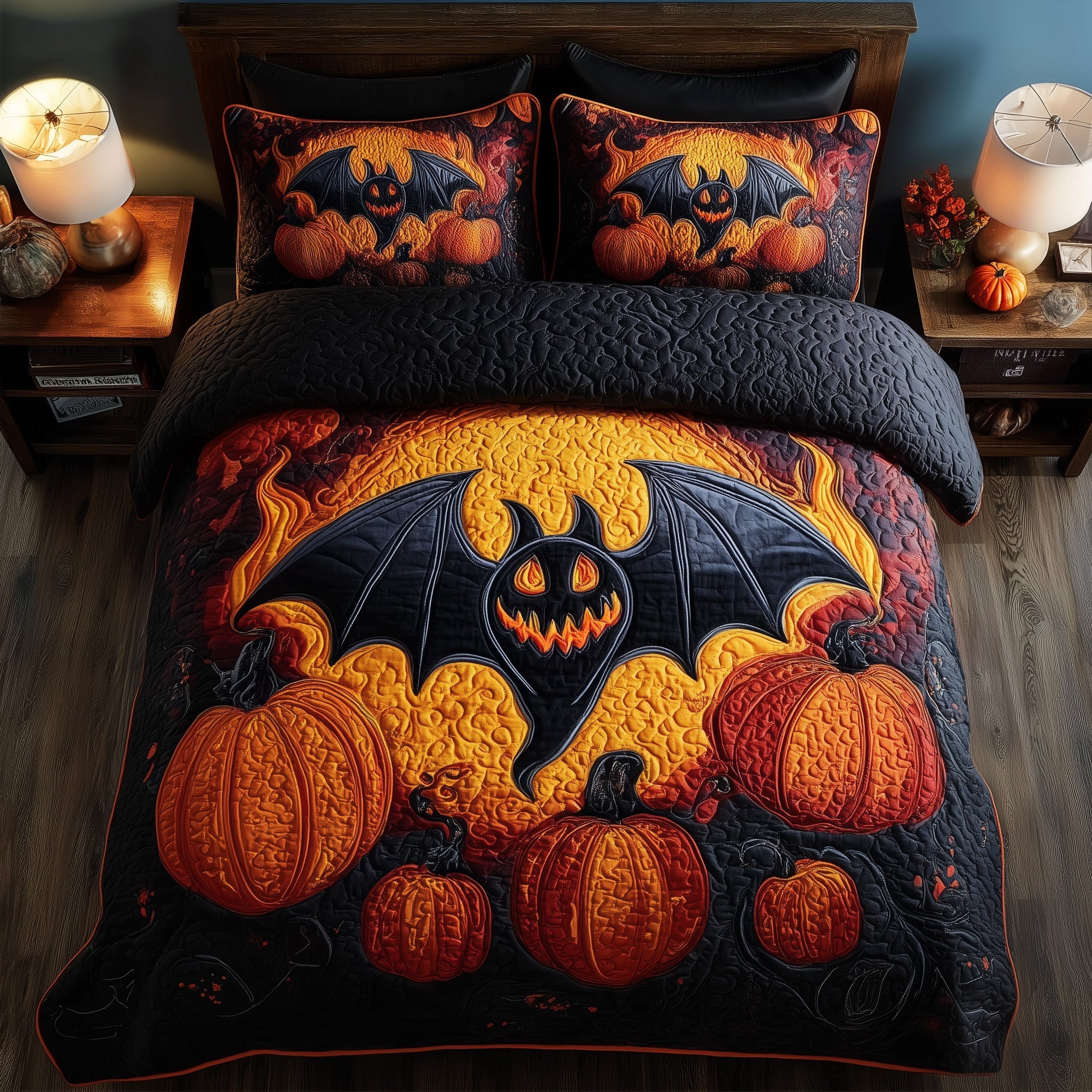 Haunted Pumpkin Bat Quilted Bedding Set Stylish Home Decor