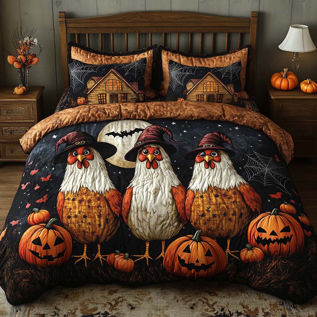 Haunted Pumpkin Night Quilted Bedding Set Halloween Bed Sheets Chicken Gifts For Him Her