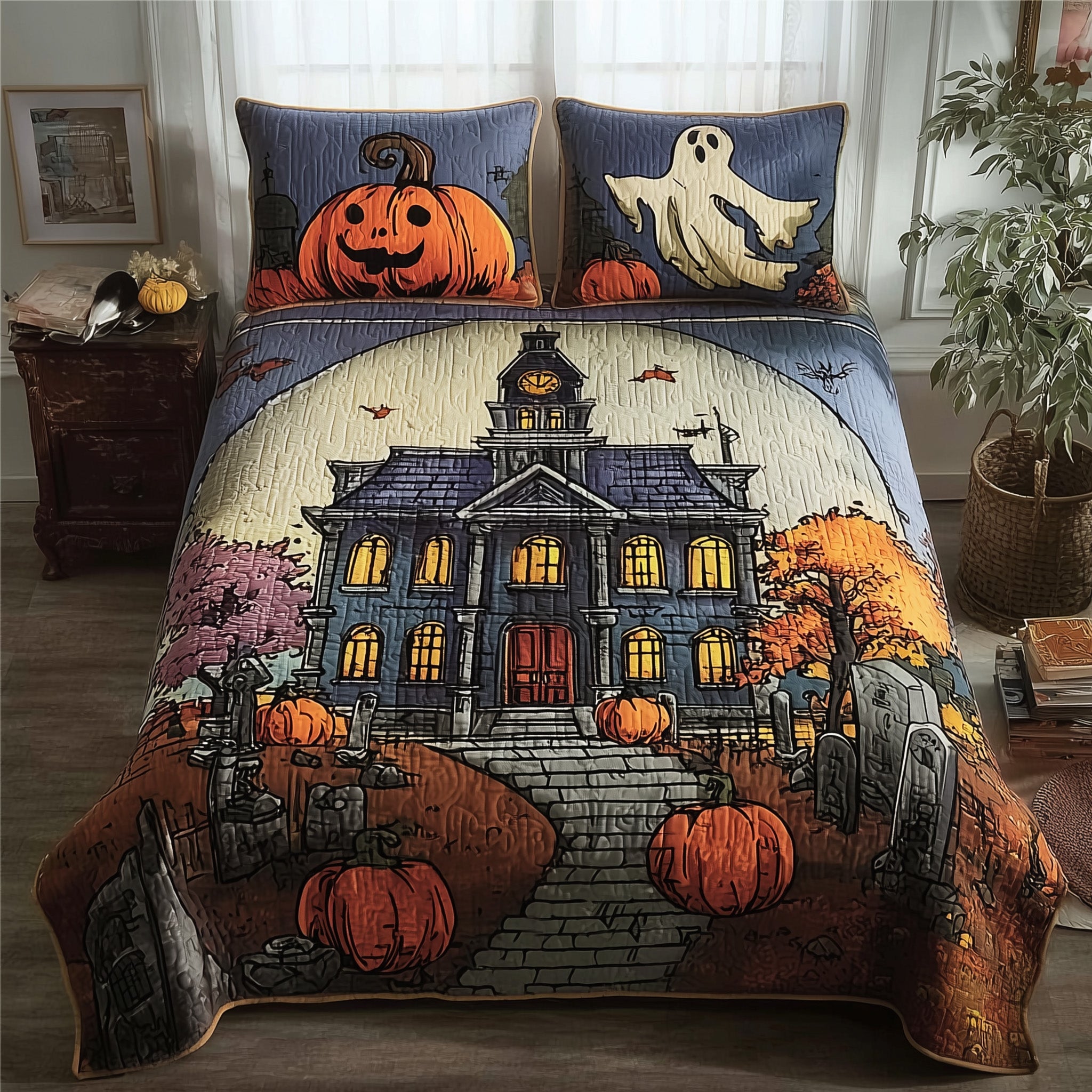 Haunted Town Quilted Bedding Set Floral Print