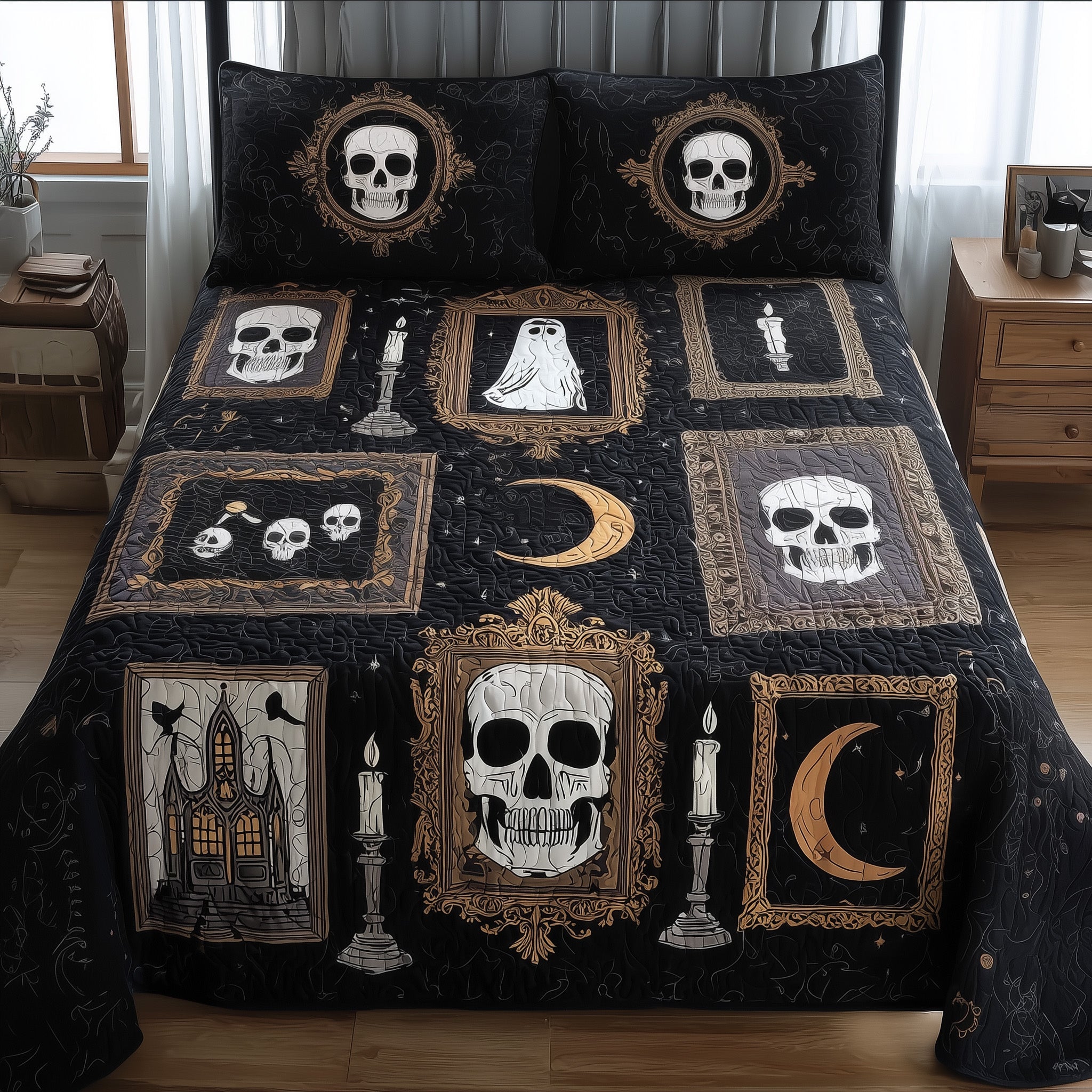 Haunted Wall Quilted Bedding Set Geometrical Pattern