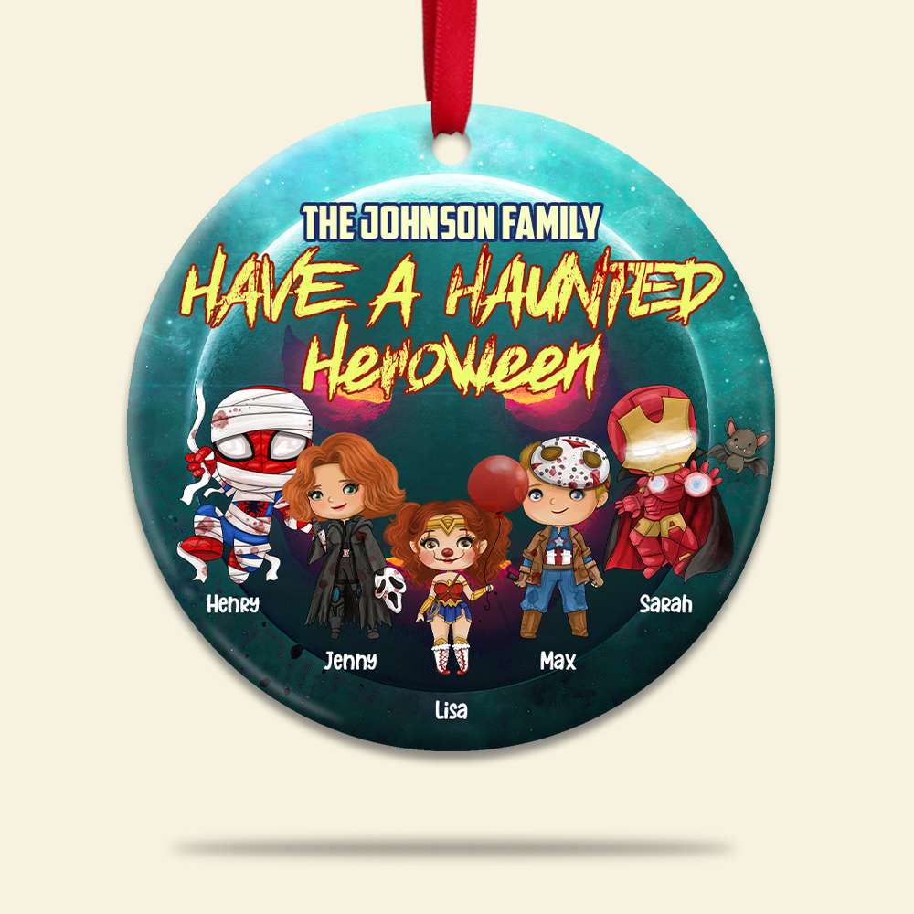 Have A Haunted Heroween, Personalized Halloween Family Hero Round Ornament, Christmas Tree Decor - Ornament - - Festive Holiday Keepsake Gift Have A Haunted Heroween, Personalized Halloween Family Hero Round Ornament, Christmas Tree Decor - Ornament - - Festive Holiday Keepsake Gift