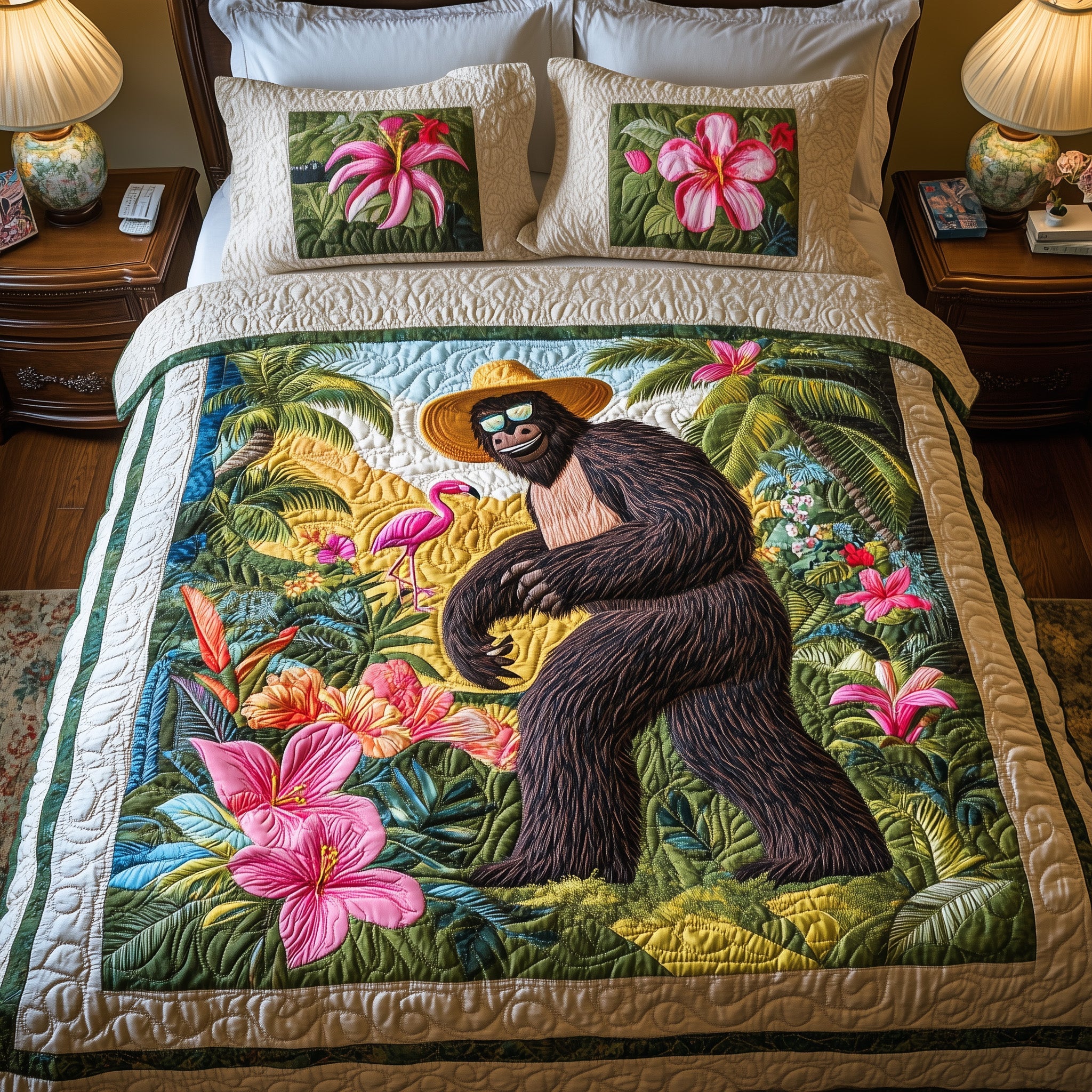 Hawaiian Bigfoot Quilted Bedding Set Duvet Cover Bedspread Sasquatch Gift Ideas
