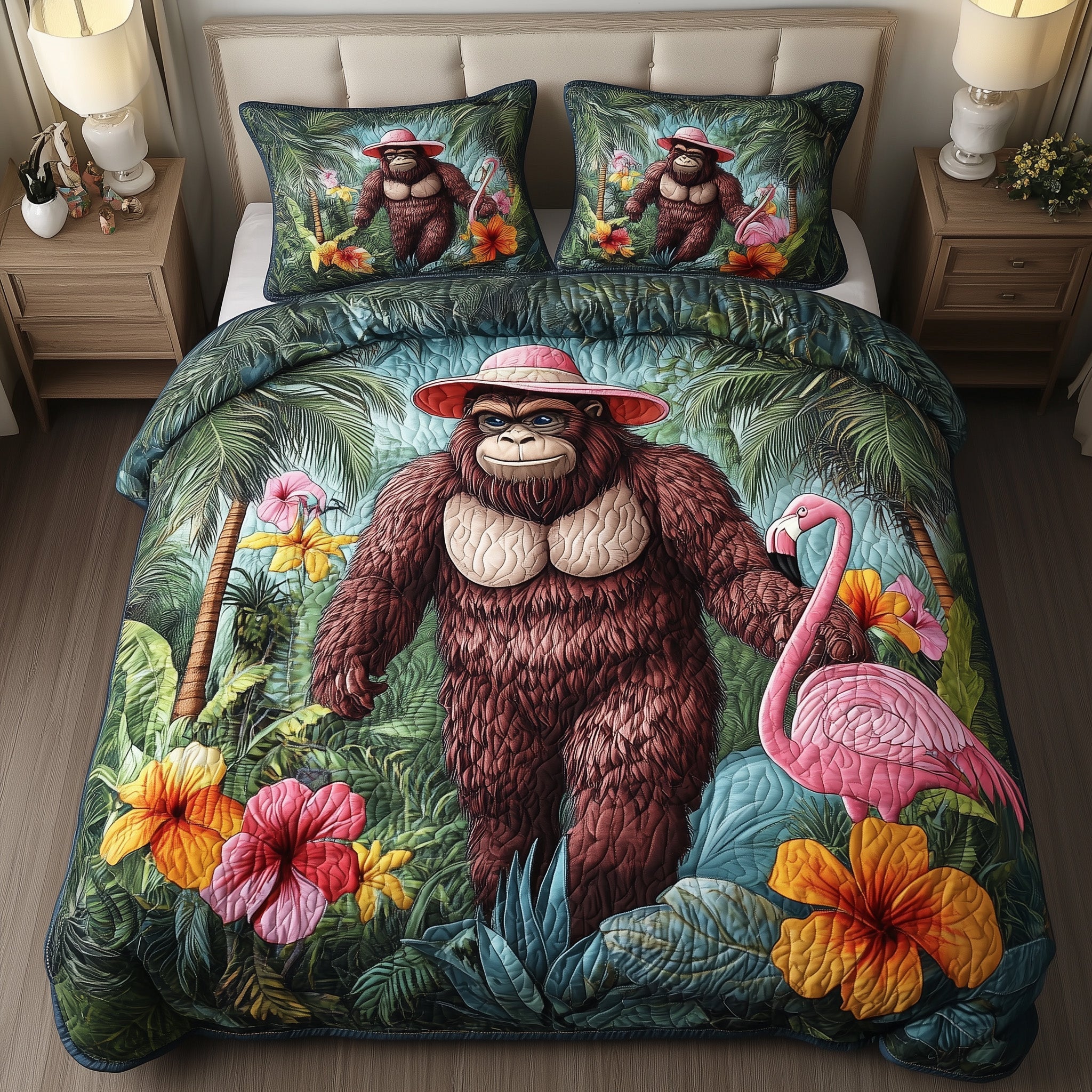 Hawaiian Bigfoot Quilted Bedding Set Duvet Cover Bedspread Sasquatch Gifts