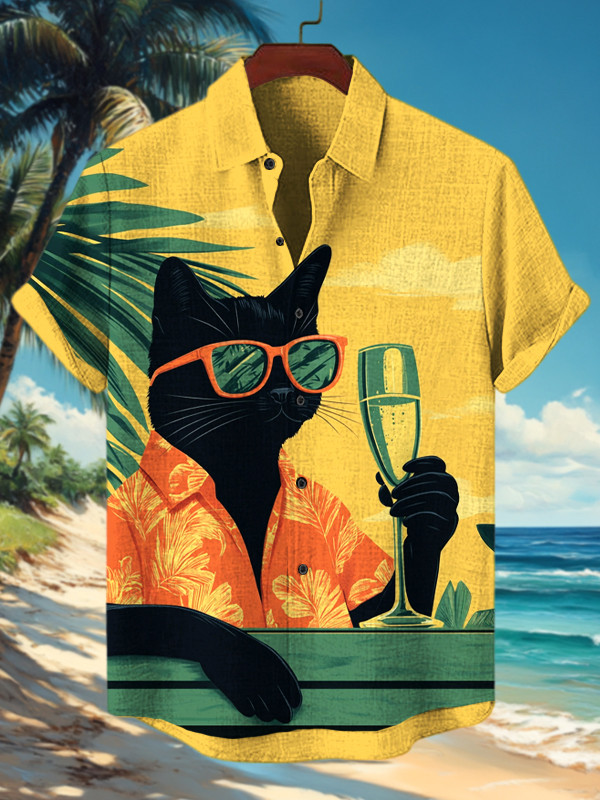 Hawaiian Plants Black Cat Drinks Champagne Hawaiian Shirt Gifts For Dad