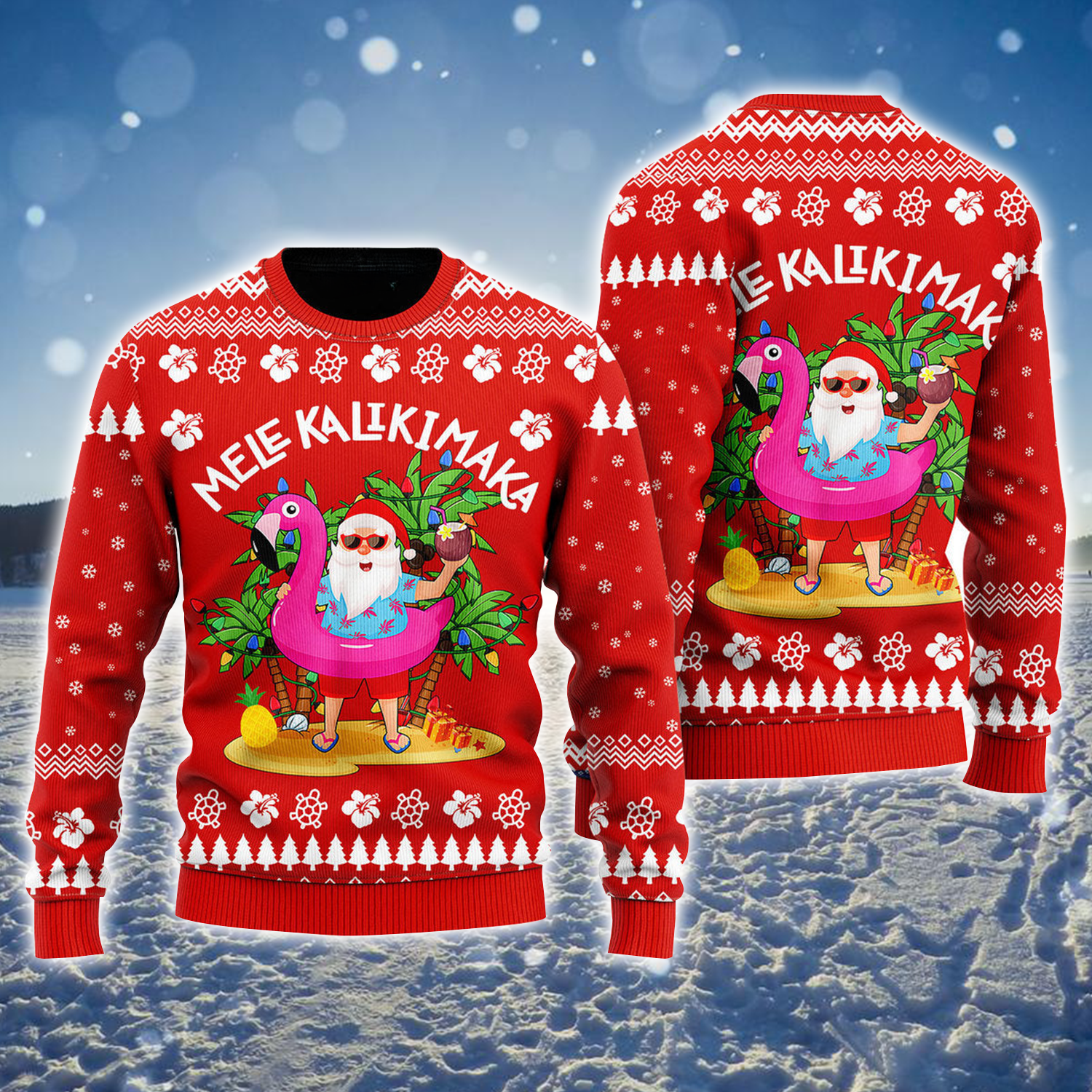 Hawaiian Santa And Flamingo Mele Kalikimaka Ugly Holiday Jumper Funny Sweaters Gifts For Xmas