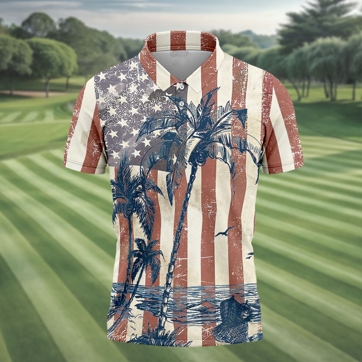 Hawaiian Theme US Flag Patriotic Golf Polo Shirt Golf Outfit Men Golf Gifts For Guys