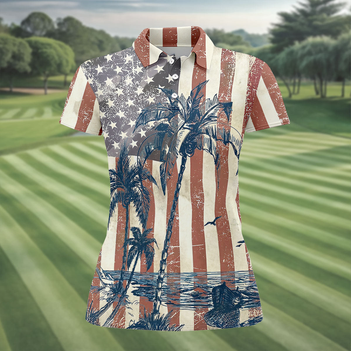 Hawaiian Theme US Flag Patriotic Golf Polo Shirt Golfers Apparel Gifts For Female Golfers