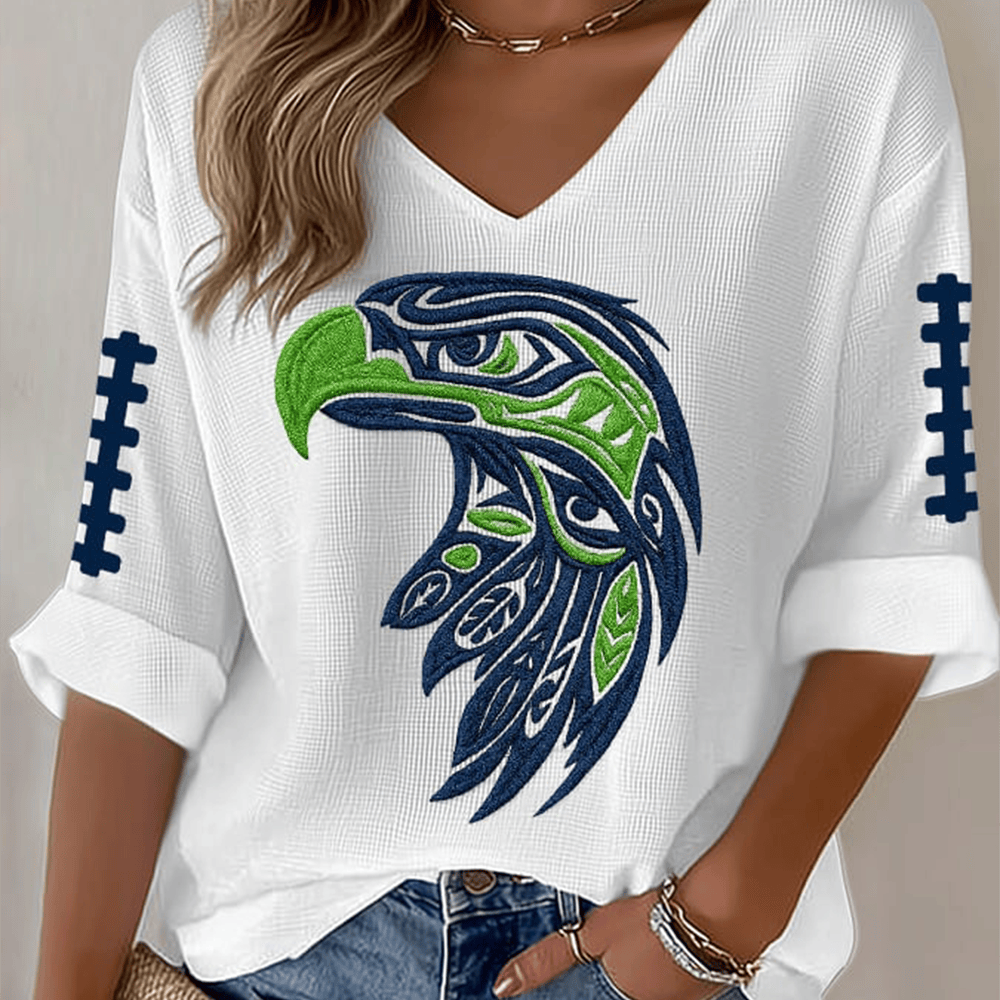 Hawks Mascot Art Football V-Neck Long Sleeve Shirt Football Merch Game Day Gift For Her