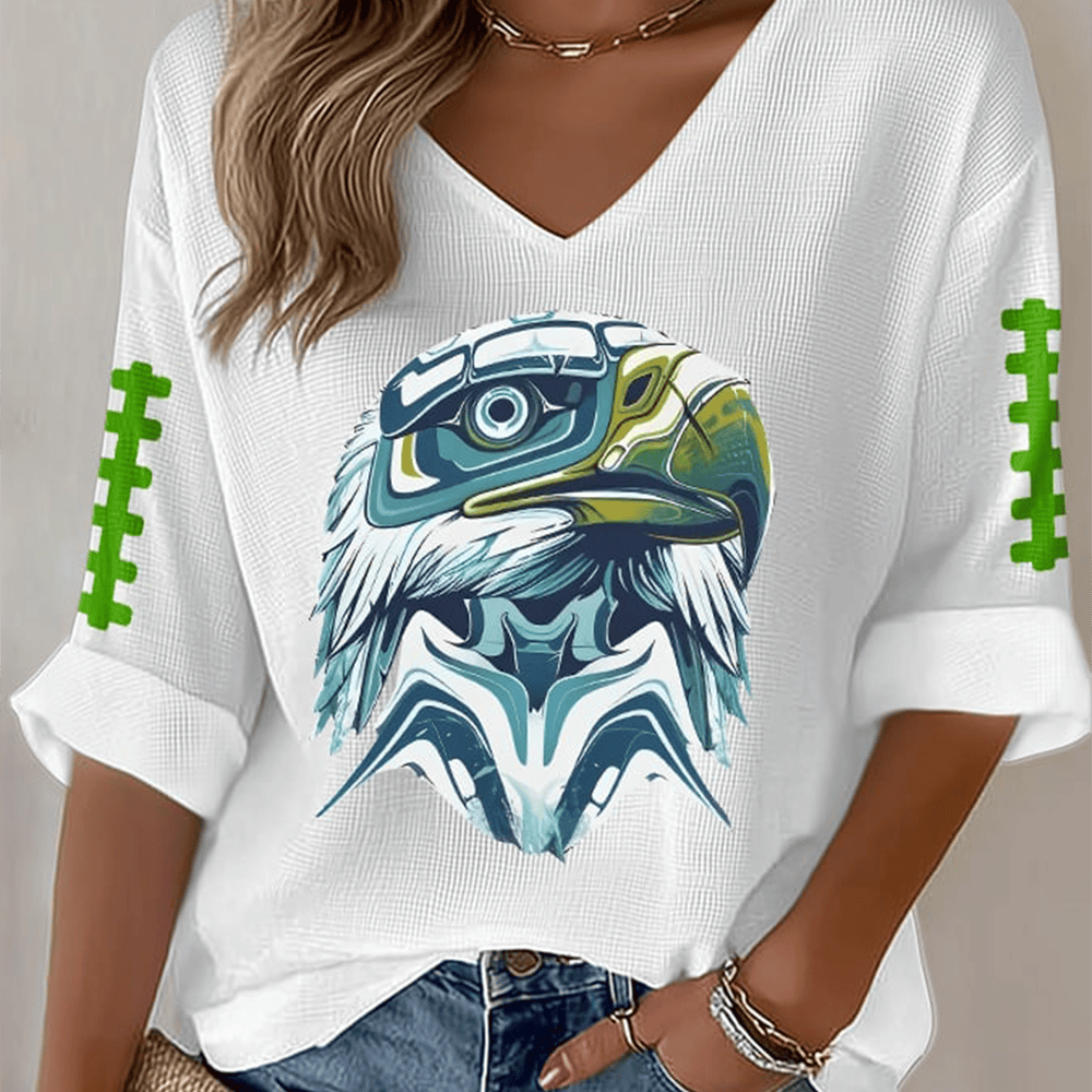 Hawks Mascot Football V-Neck Long Sleeve Shirt Seattle Seahawks Apparel Football Gift For Wife