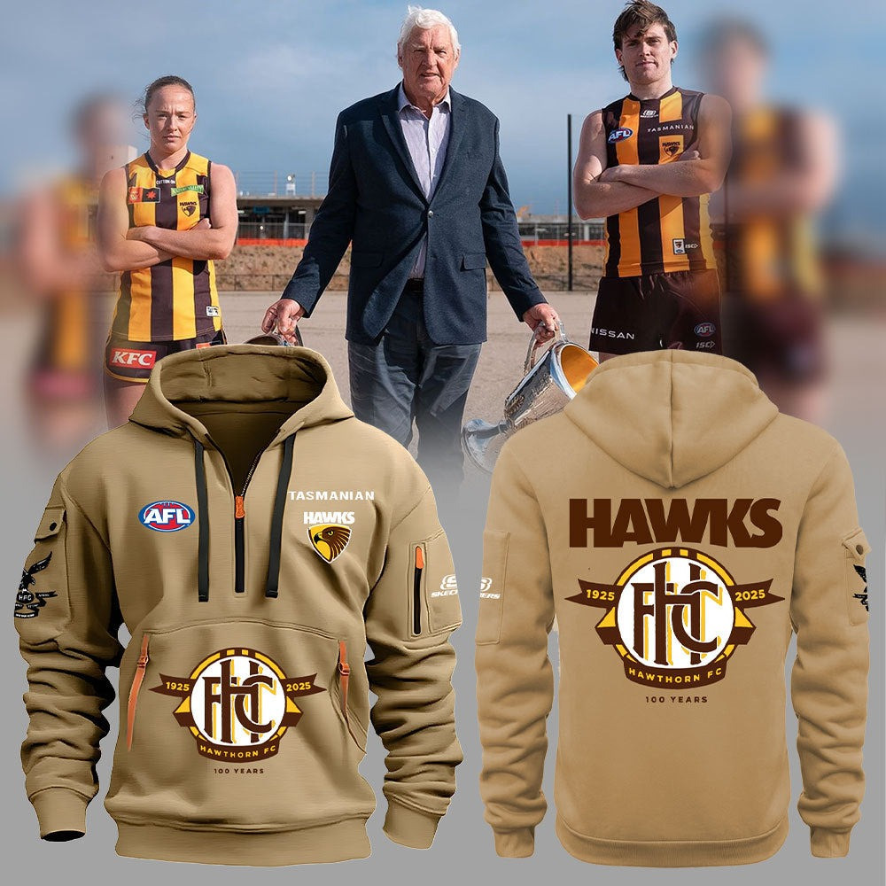 Hawthorn Football Club 100 Year Commemorative Logo Half Zip Hoodie Football Fans Gifts