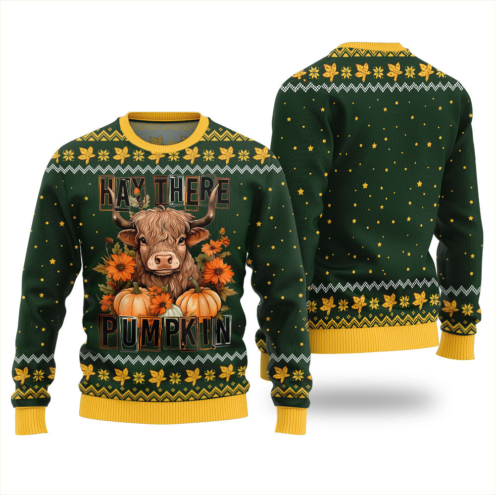 Hay There Pumpkin Cow Christmas Sweater Green Personalized Christmas Sweatshirt Gift for Family