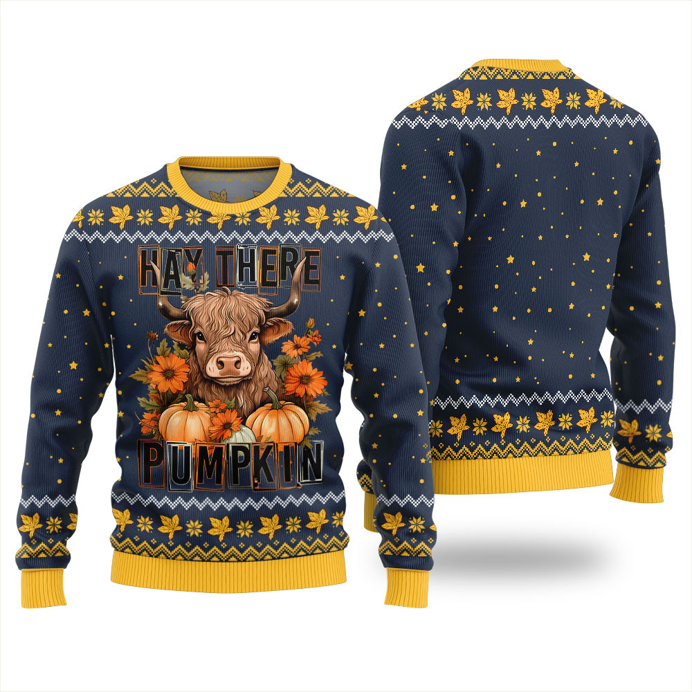 Hay There Pumpkin Cow Ugly Christmas Sweater Navy Exclusive Christmas Sweater Merch Gift Edition