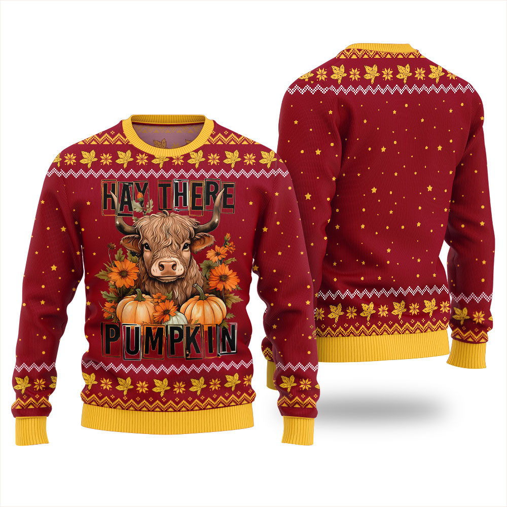 Hay There Pumpkin Cow Ugly Holiday Sweater Red Custom Holiday Sweater Merch That Warms the Heart