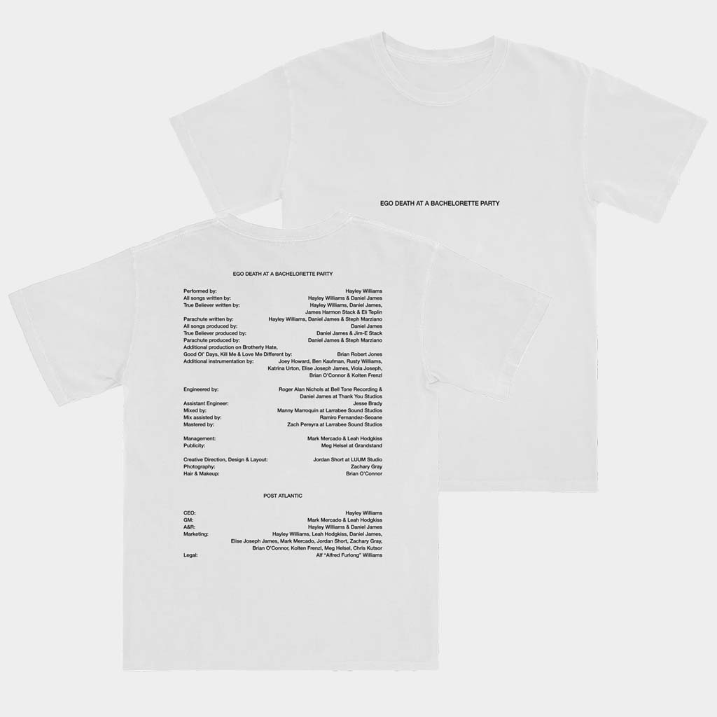 Hayley Williams Merch Credits White T-Shirt Ego Death At A Bachelorette Party Shirt