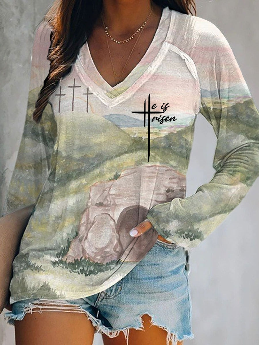 He Is Risen Christian V-Neck Long Sleeve Shirt Easter Cross Faith Pullover Gift For Her