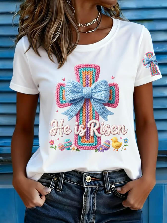 He Is Risen Crochet Cross Easter T-Shirt Colorful Bow Easter Eggs Chick Fan Best Gift For Jesus Lovers