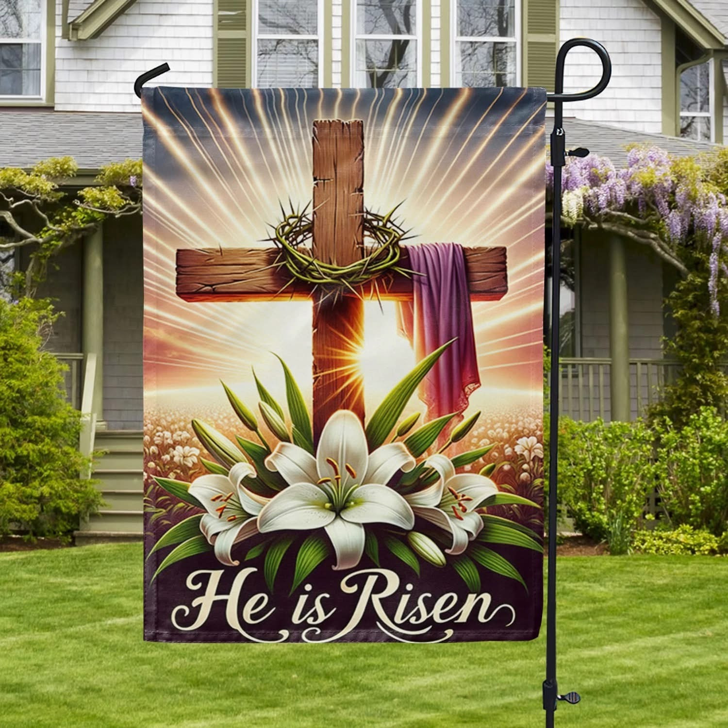 He Is Risen Easter Garden Flag Christian Cross Lily Crown Outdoor Decor Best Gift For Easter Christians