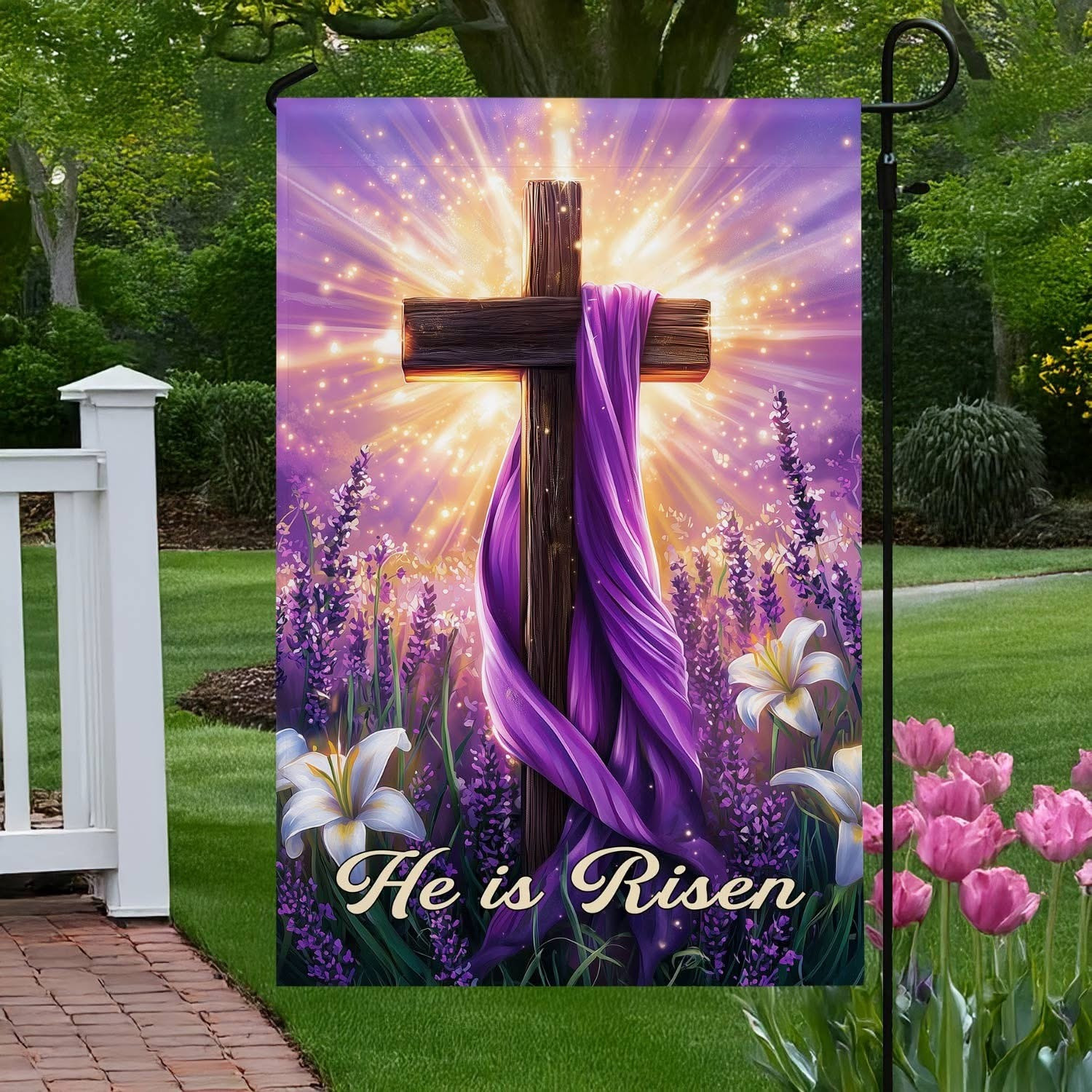 He Is Risen Easter Garden Flag Purple Cross Lavender Lily Floral Yard Decor Best Gift For Christians