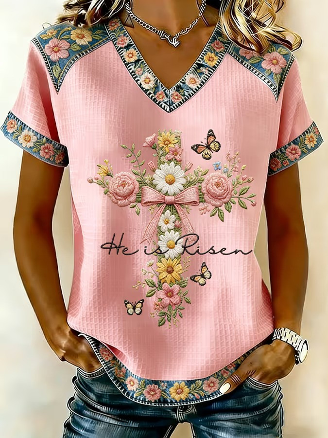 He Is Risen Floral Cross Butterfly V-Neck Shirt Easter Rose Fan Tee Best Gift For Jesus Lovers