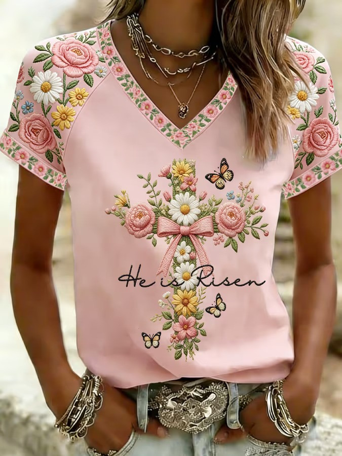 He Is Risen Floral Cross Butterfly V-Neck Shirt Easter Wildflower Fan Tee Best Gift For Jesus Lovers