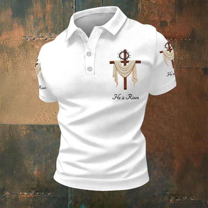 He Is Risen Jesus Christian Cross Polo Shirt Faith Based Shirt Present For Husband