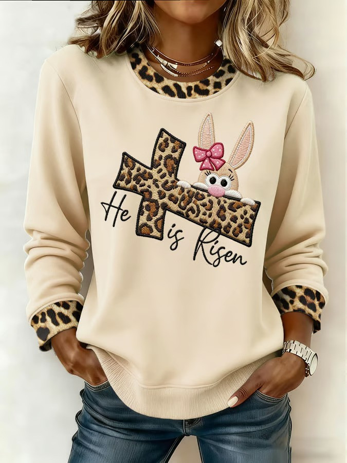 He Is Risen Leopard Cross Easter Bunny Sweatshirt Cute Rabbit Fan Tee Best Gift For Easter Jesus Fans