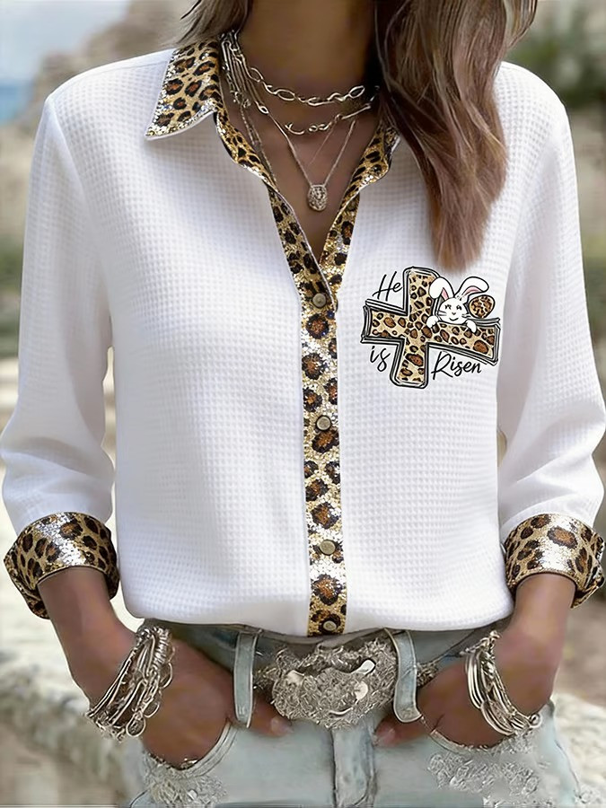 He Is Risen Leopard Cross Easter Button Up Long Sleeve Shirt Bunny Fan Apparel Best Gift For Easter Jesus Lovers