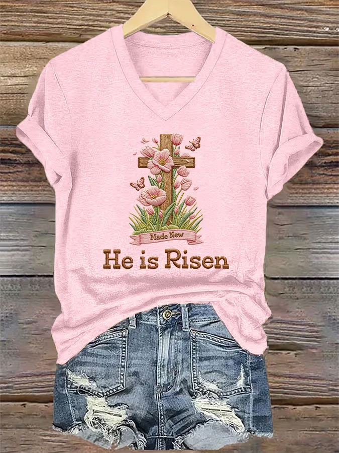 He Is Risen Made New Easter Cross Floral V-Neck Shirt Christian Faith Tee Best Gift For Jesus Lovers