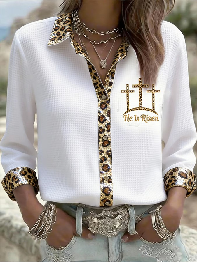 He Is Risen Three Crosses Leopard Button Up Long Sleeve Shirt Fan Apparel Best Gift For Jesus Lovers