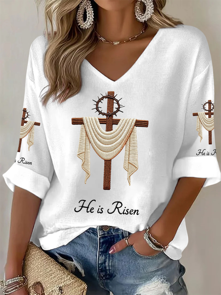 He Is Risen V-Neck Long Sleeve Shirt Walk By Faith Christian Clothing Gift For Mom