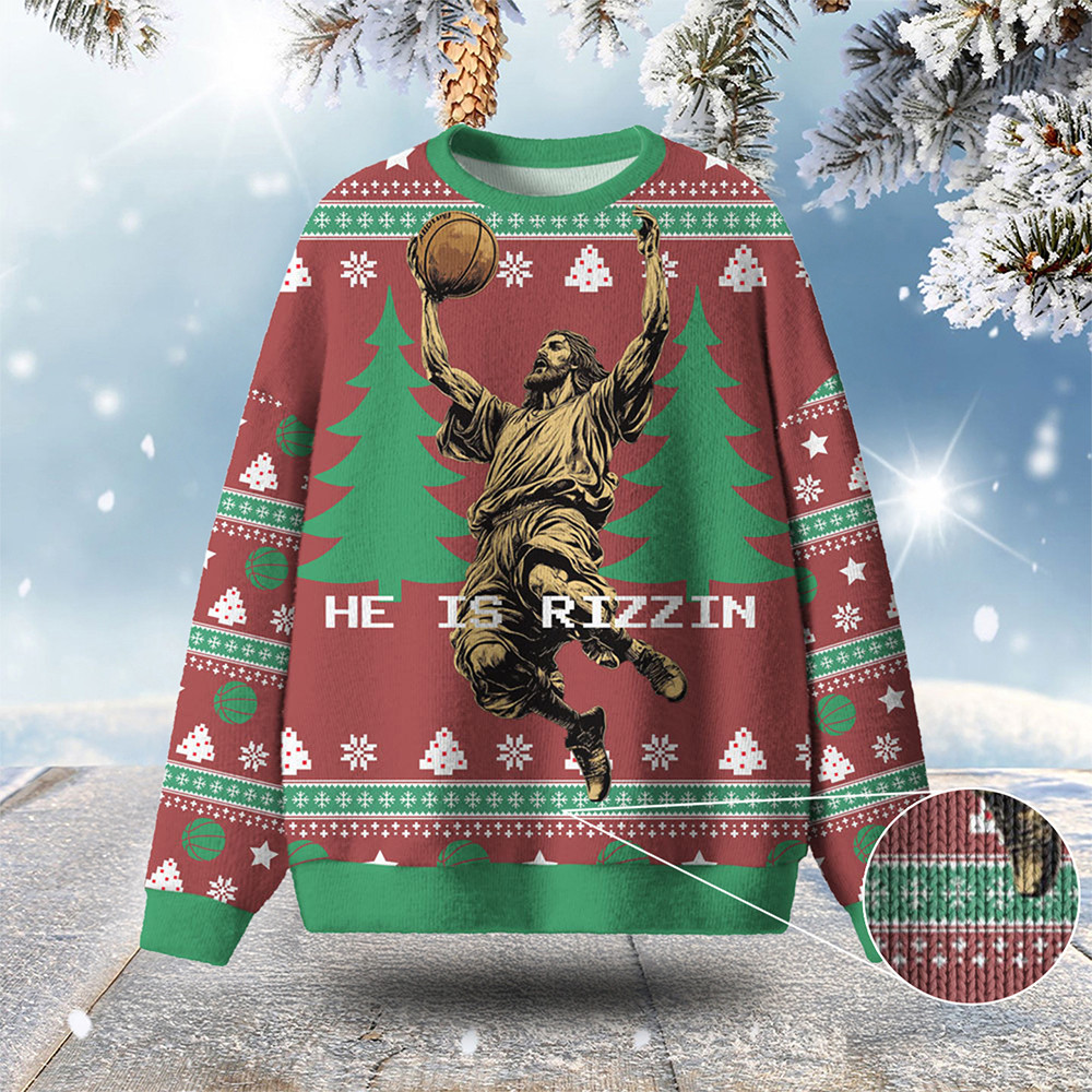 He Is Rizzin Ugly Christmas Sweater Volleyball Themed Jesus Apparel Best Gift For Christmas