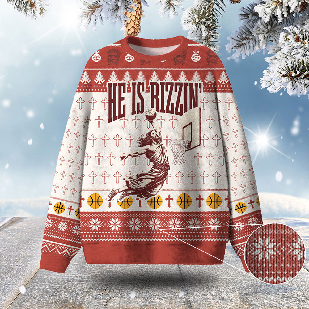 He Is Rizzin Ugly Christmas Sweater Volleyball Themed Jesus Apparel Volleyball Lover Gifts