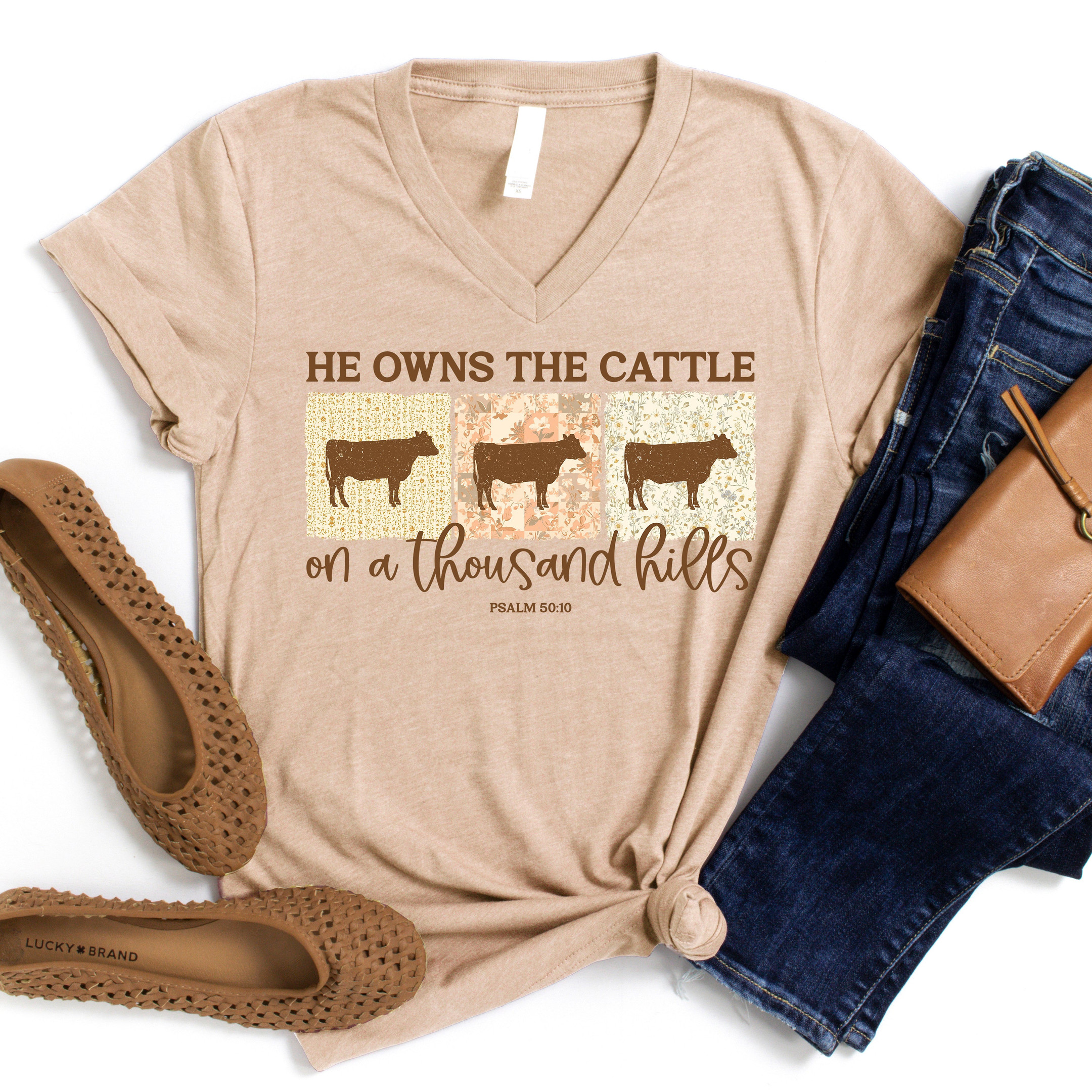 He Owns The Cattle Christian V-Neck Faith Shirt Religious Gifts Inspirational Tee