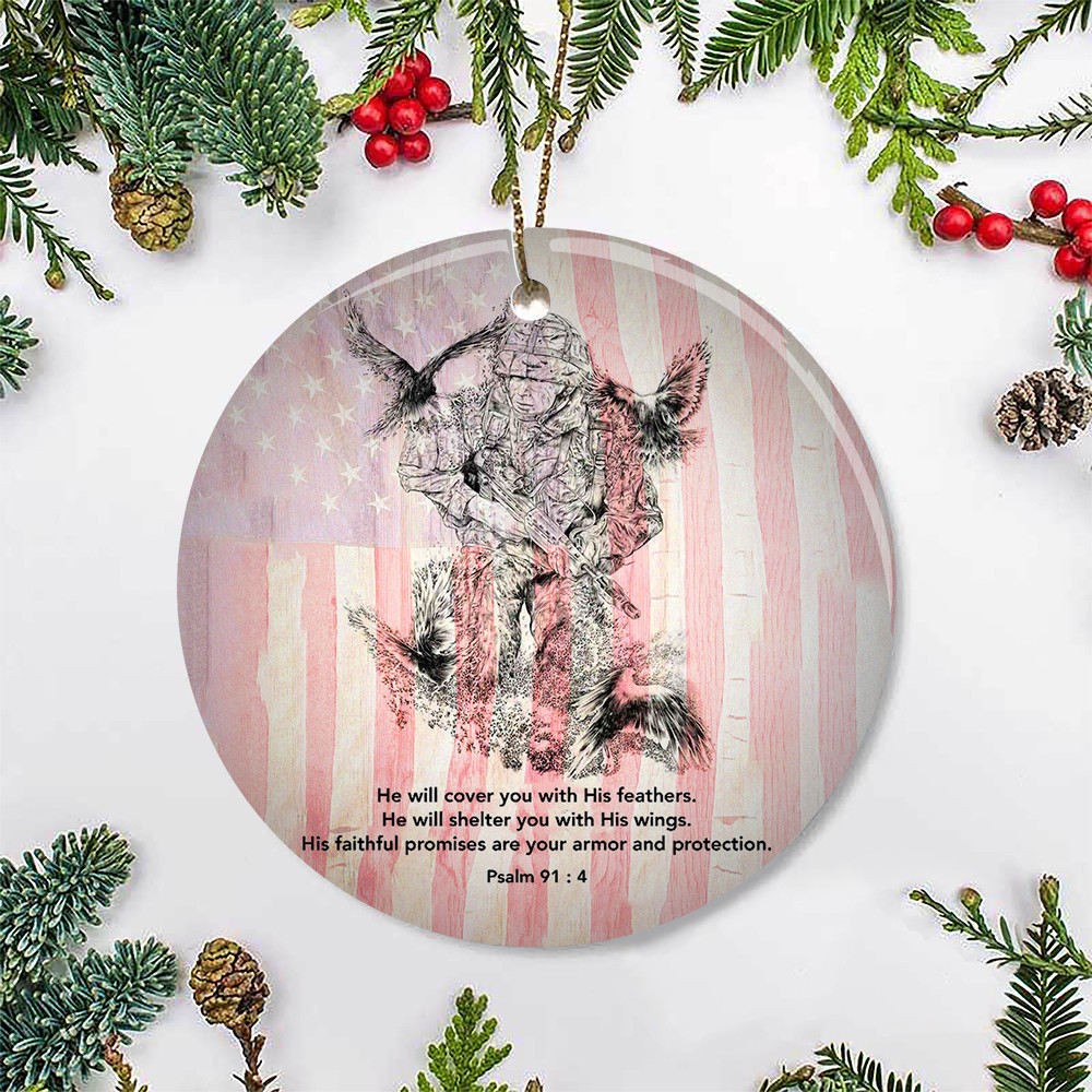 He Will Cover You With His Feathers US Veteran Ornament Veterans Day Ornament Xmas Tree Decor